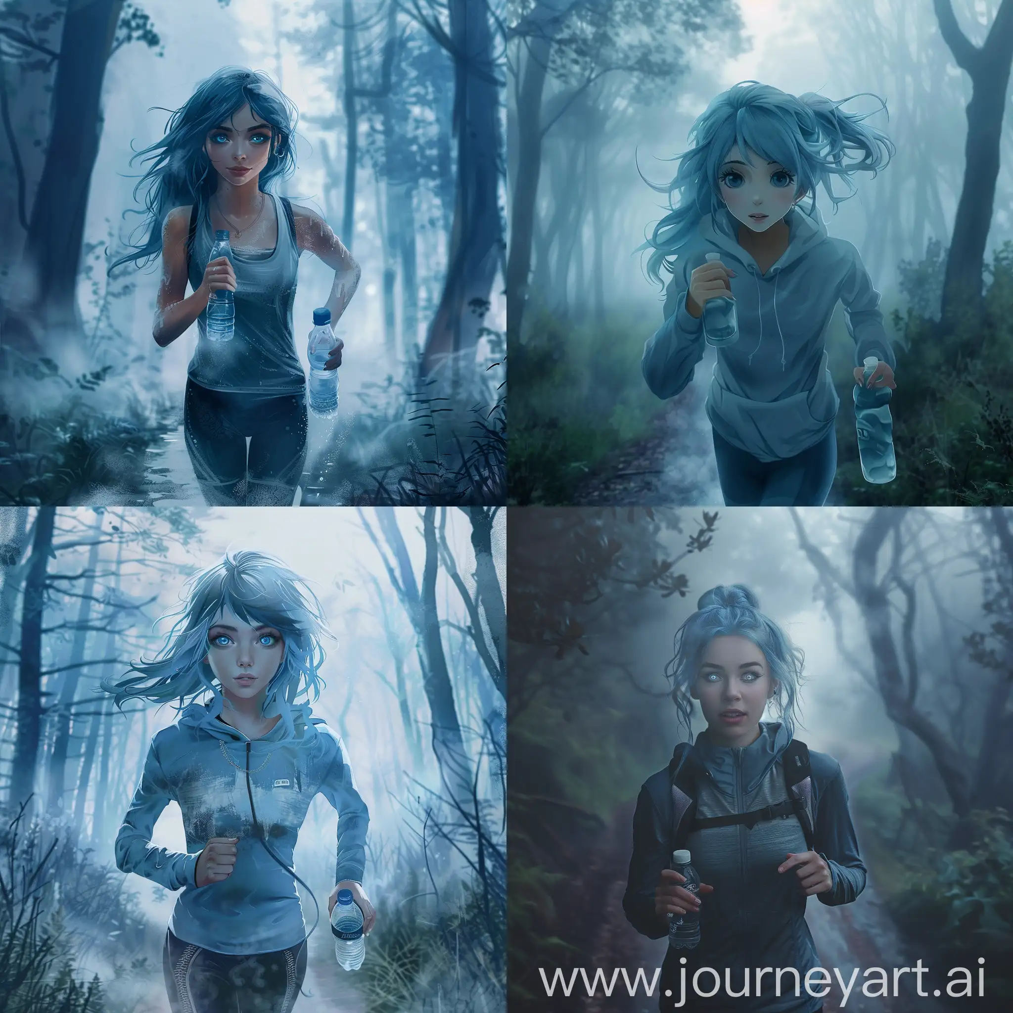 Girl, blue eyes, blue hair, jogging, foggy forest, holding water bottle