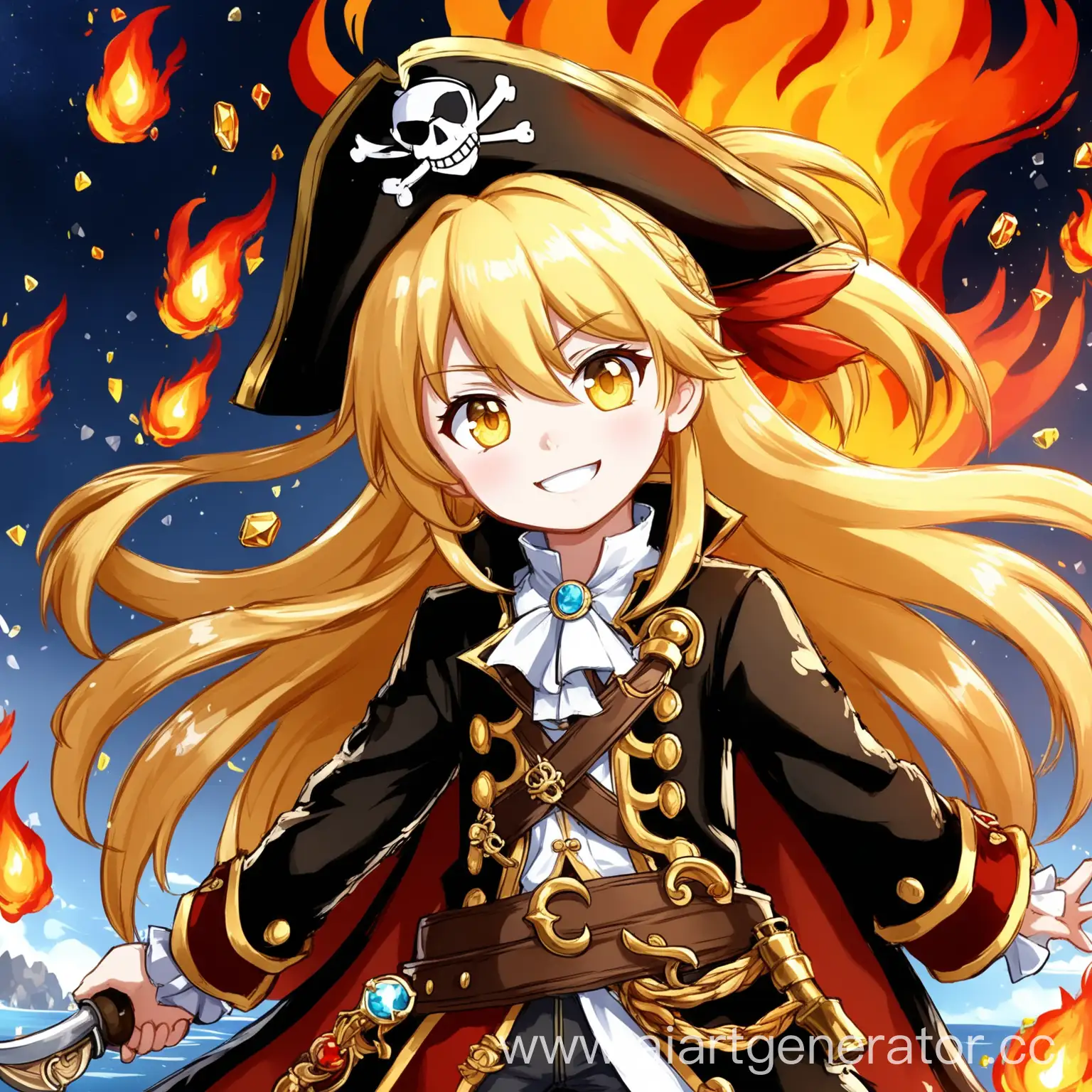 Hook from Honkai star rail, honkai: star rail, anime girl, жёлтые волосы, длинные волосы, причёска хвостик, блондинка, 8 лет, жёлтые глаза, костюм пирата, чёрный пиратский плащ, на голове корона с драгоценными камнями, яркая улыбка, вокруг огонь