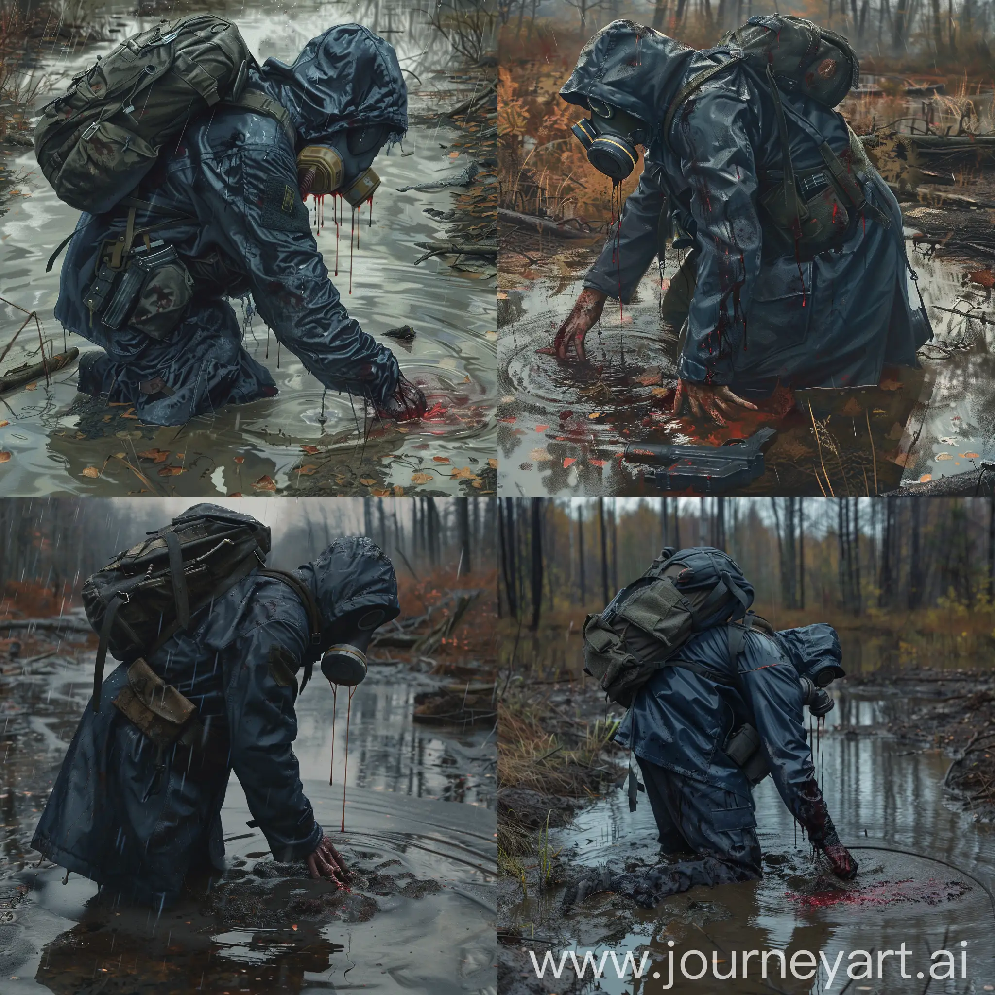 The STALKER universe, a mercenary in a dark blue military raincoat, in military unloading, with a backpack on his back, a gasmask on the mercenary's face, a mercenary die in a dirty large puddle in the middle of a swamp, he covers a deep bloody wound in body, radioactive rain drips on the mercenary, the weather is gloomy autumn.
