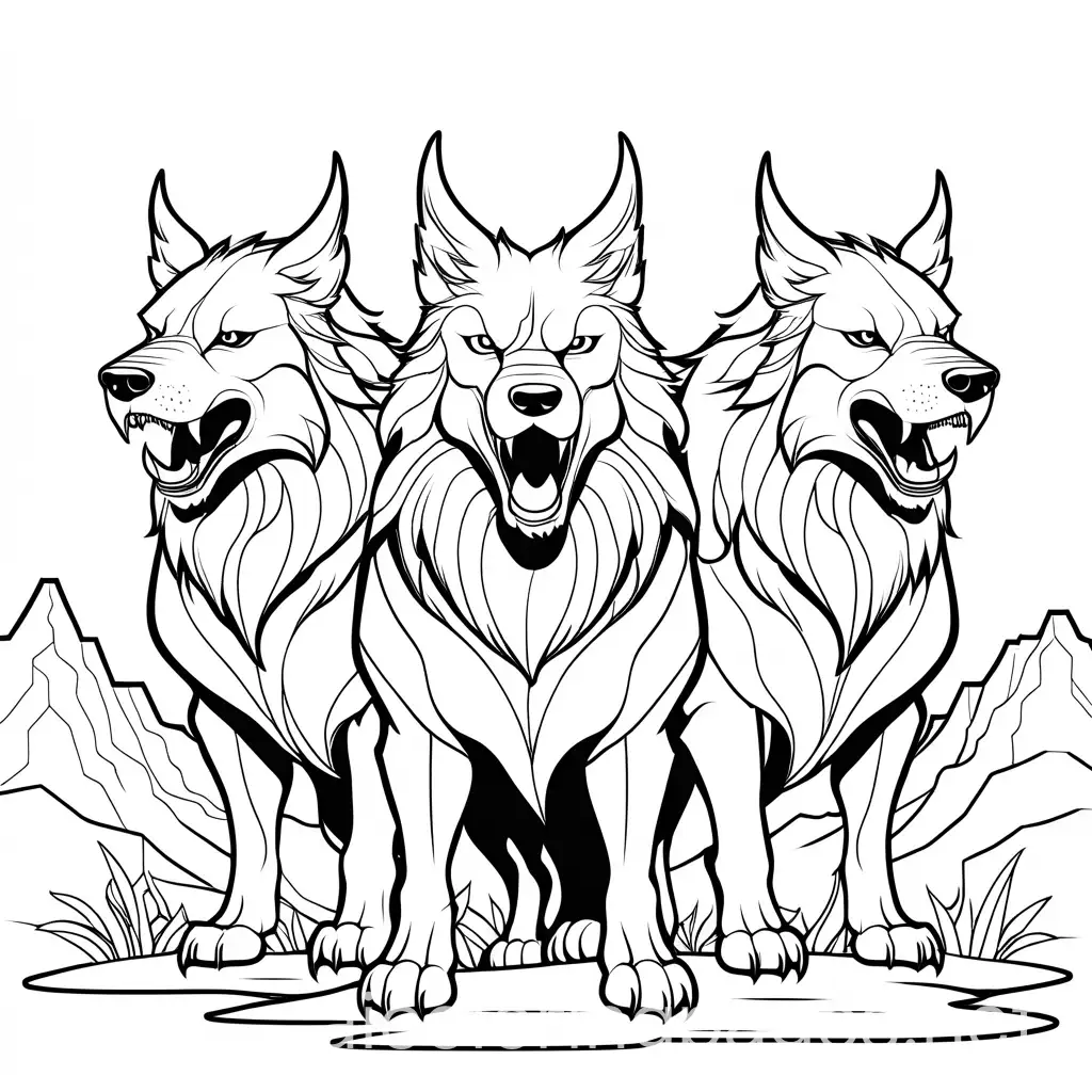 Angry-Cerberus-Monster-Coloring-Page-with-Three-Heads-and-Landscape-Background