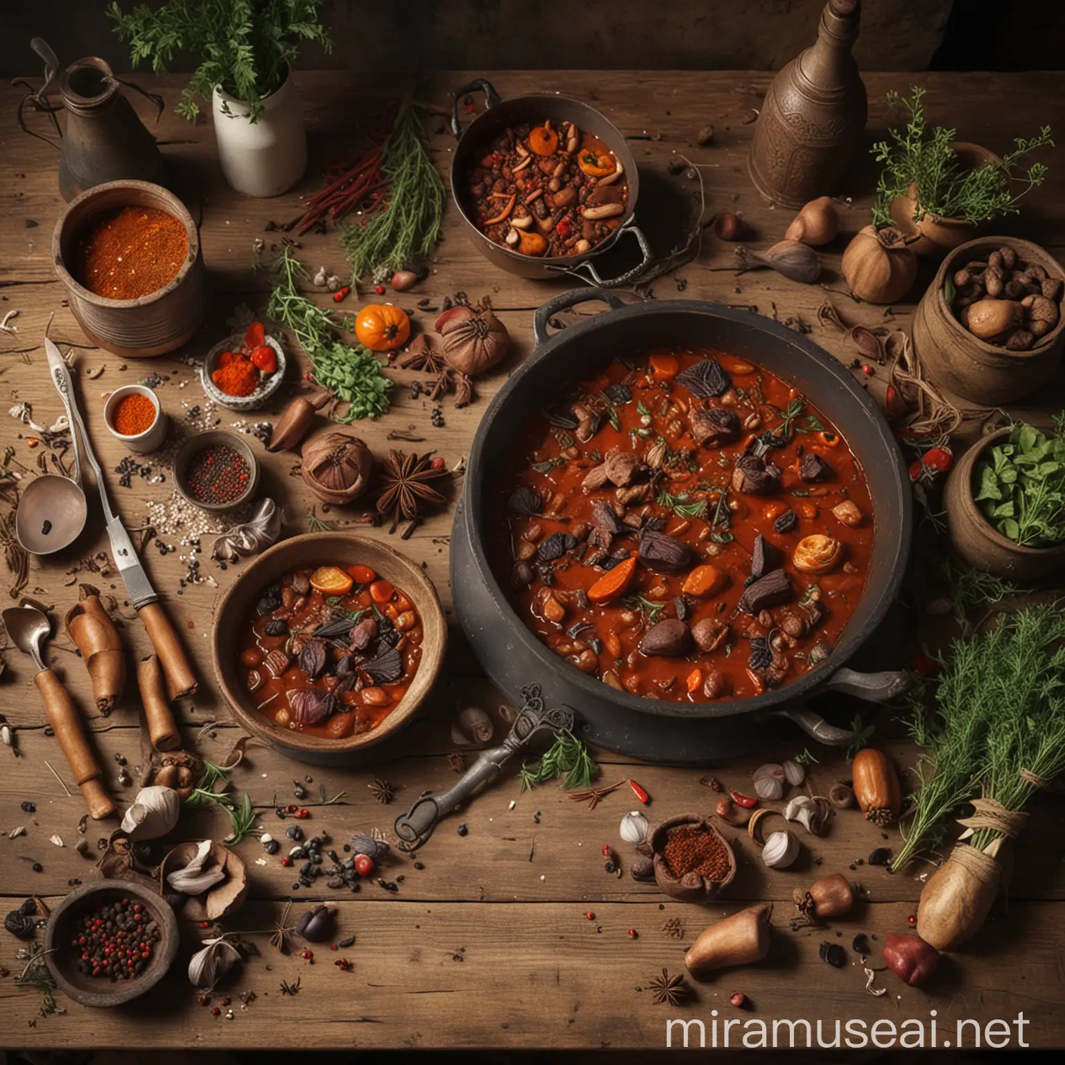 gambo stew and marie laveau cooking it, rustic bohemian kitchen, spices and herbs on table, hyper realictic, 4d