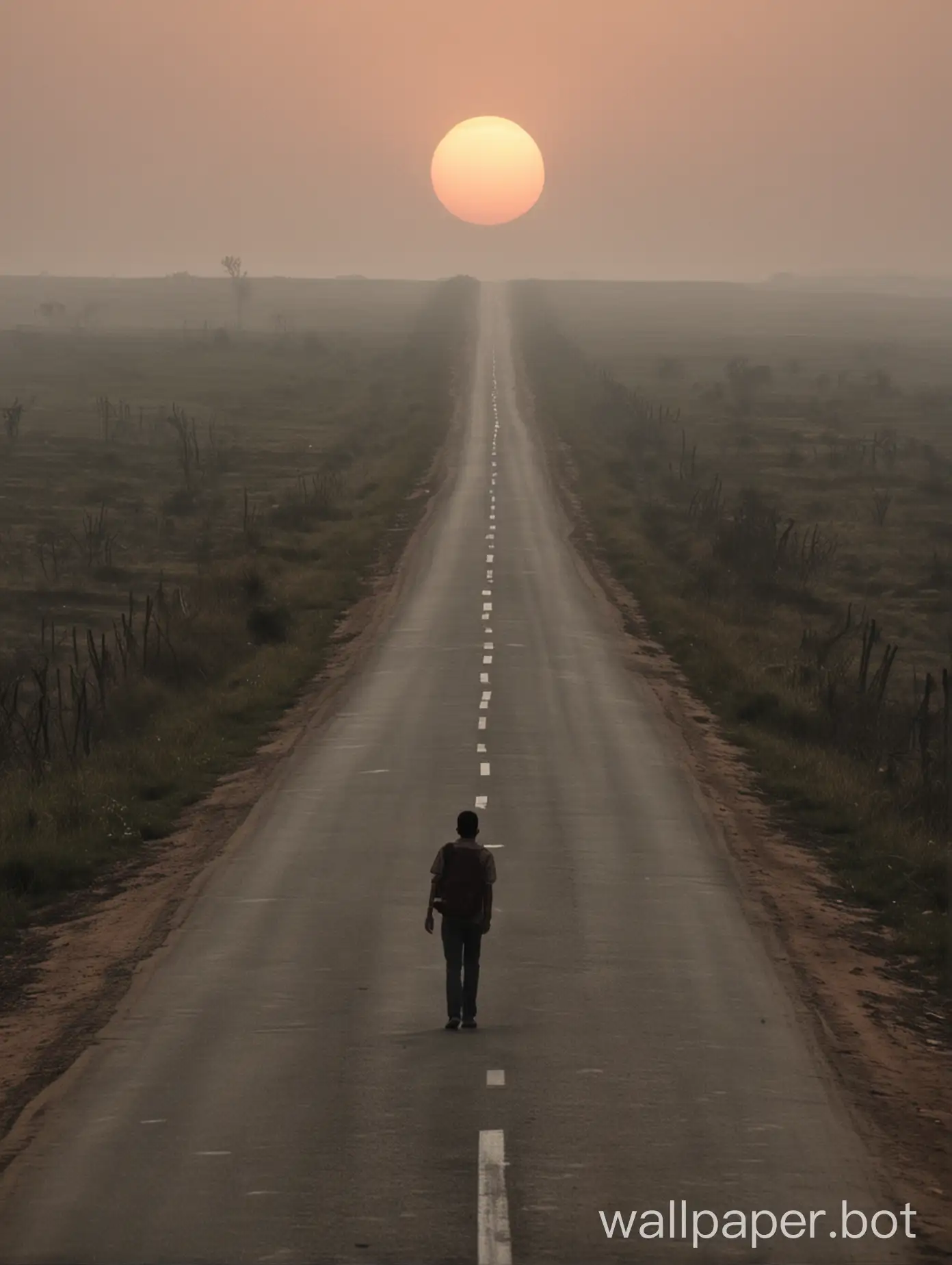 A man alone in the long road at evening