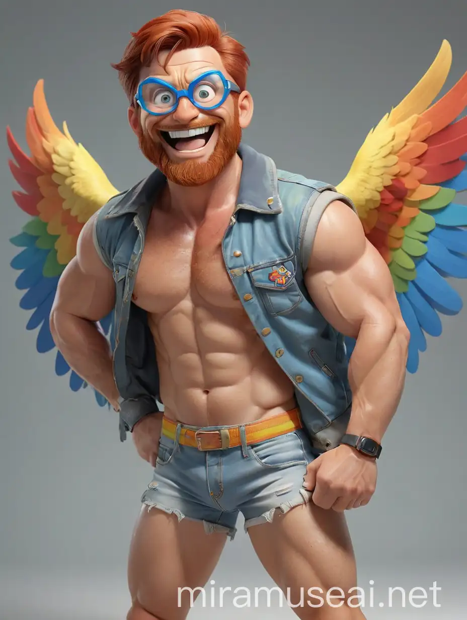 Big Eyes Subtle Smile Topless 40s Ultra beefy Red Head Bodybuilder Daddy with Beard Wearing Multi-Highlighter Bright Rainbow Colored See Through huge Eagle Wings Shoulder Jacket short shorts long legs short boots and Flexing his Big Strong Arm Up with Doraemon Goggles doing a pose