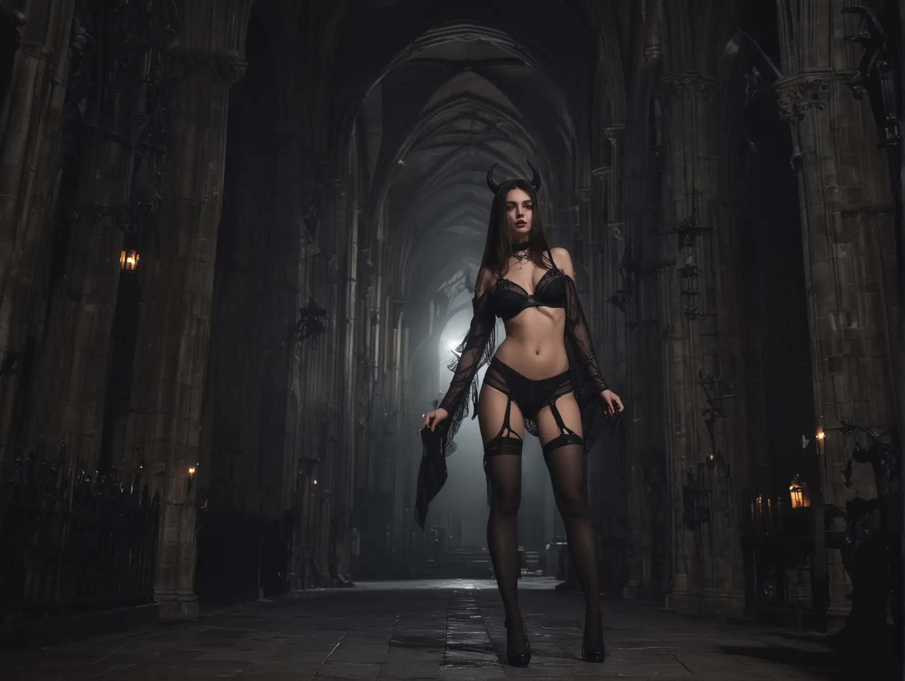 Dark Temptation Woman Devil in Black Stockings at Night Cathedral