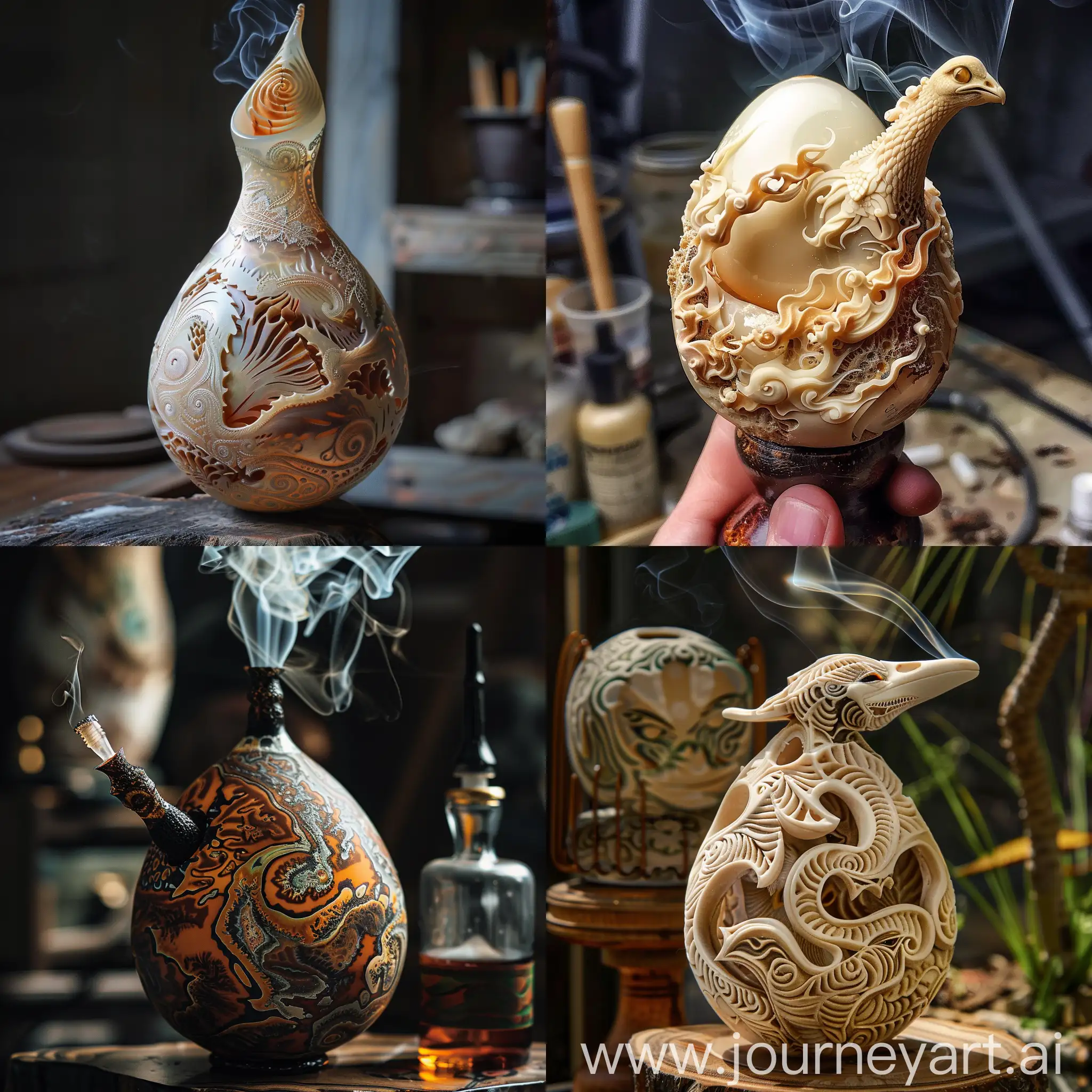 Smoking out of an ostrich egg that's intricately designed and molded into a gravity bong
