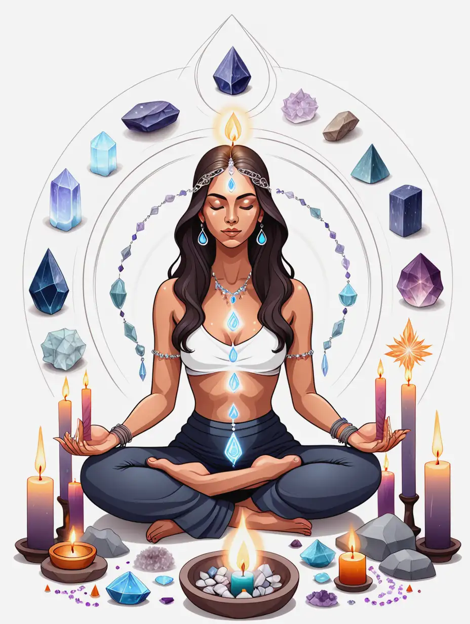Meditating Woman Surrounded by Crystals and Ritual Objects