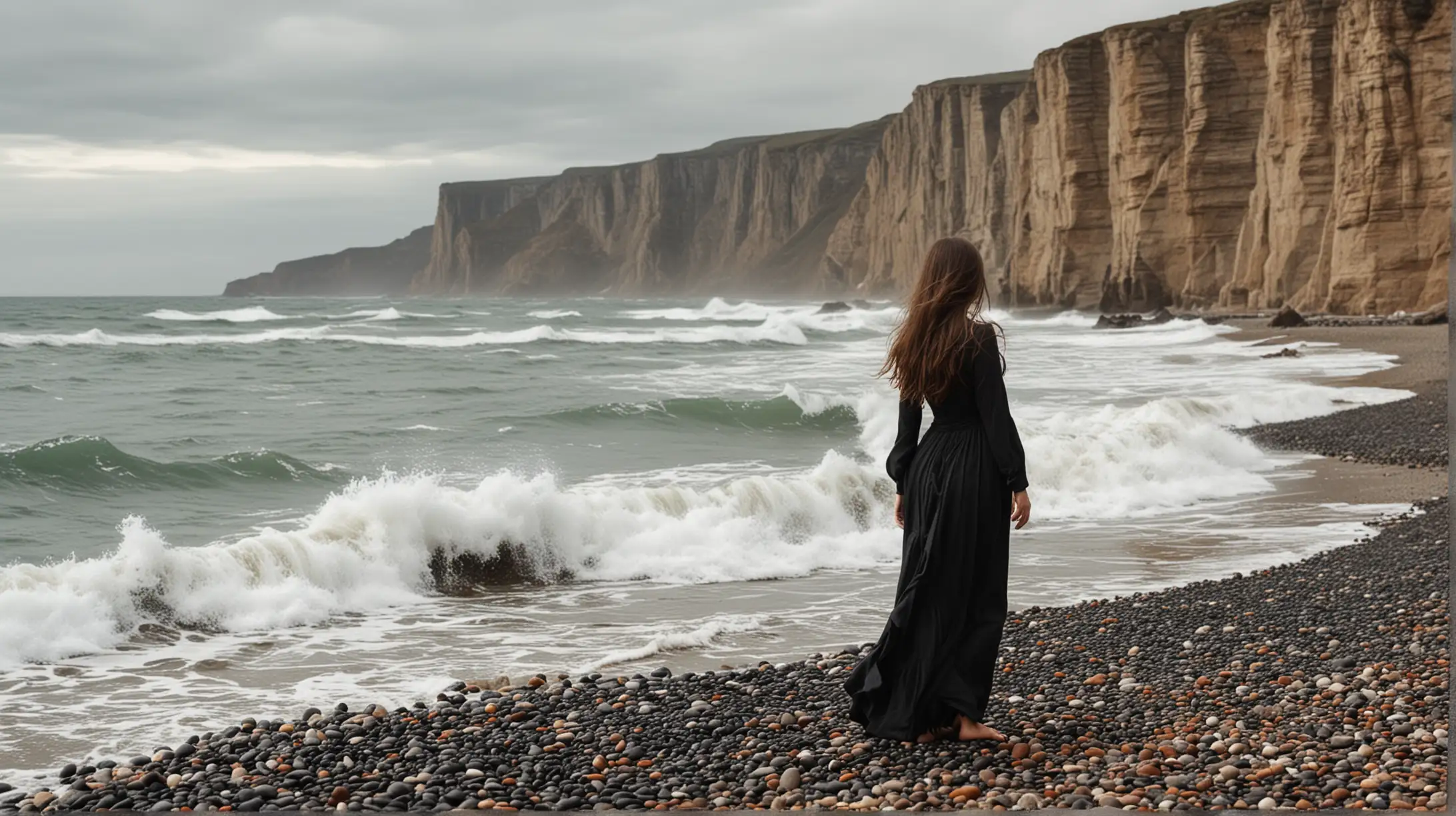 donna in piedi con vestito medio nero con capelli lunghi su una spiaggia con sassi e onde alte che si infrangono. La donna guarda il mare, il ritratto della donna è intero e lontano da un lato e lo sfondo ci sono scogli