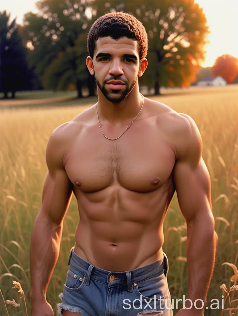 youthful fit and built Adonis-like adult Drake Long, with hairy chest and eight pack abs shirtless in vintage ripped jeans, in a midwestern meadow during fall at sunset, vibrant volumetric lighting on face and eyes, medium upper body shot, 16k, very high quality, very high resolution, 35mm camera, Adonis, nsfw, face and upper body portrait by Bruce Weber,