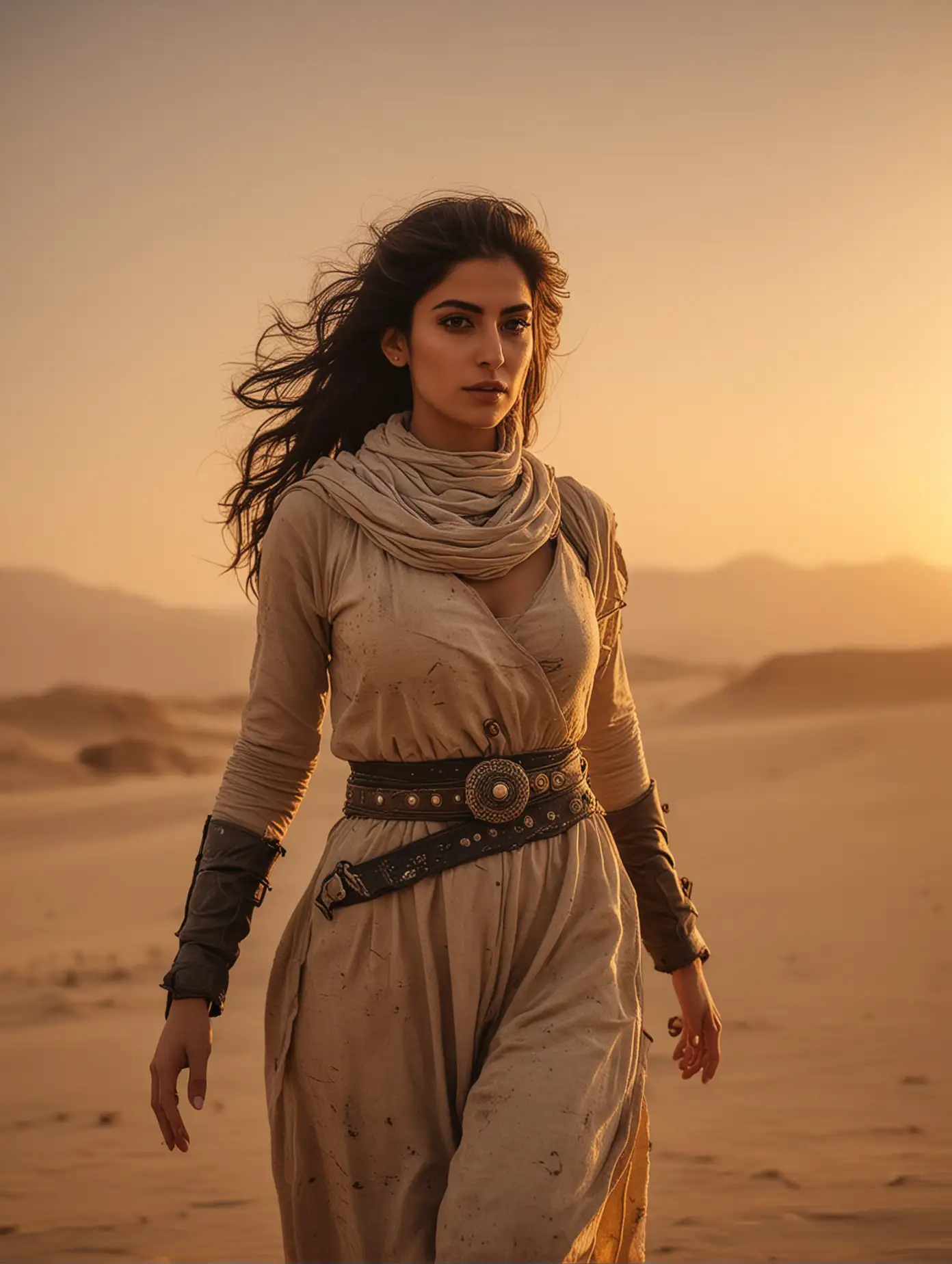 Persian-Woman-in-Desert-Attire-Amid-SunsetSwept-Wasteland