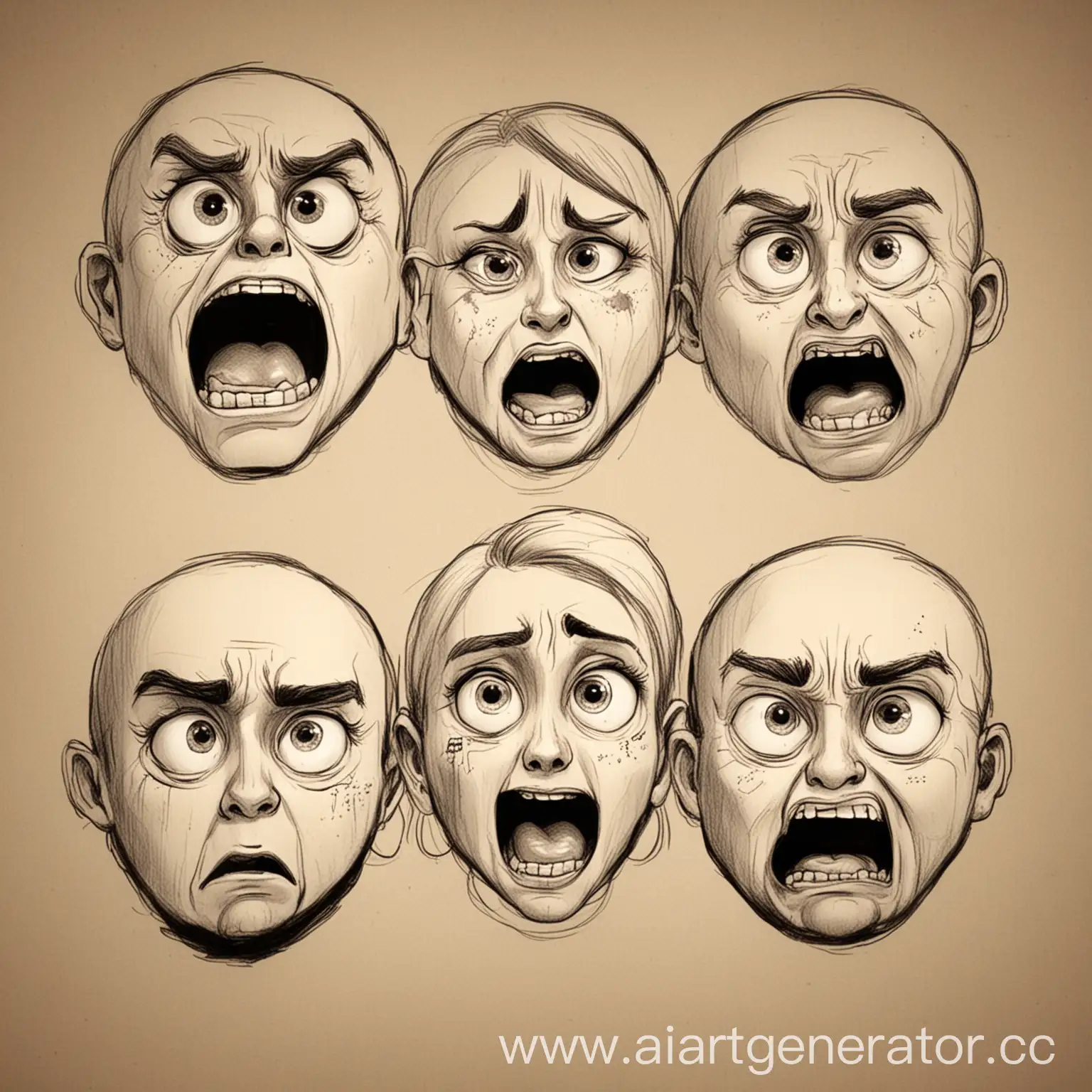 4 эмоции : наслаждение, злость, удивление, испуг
4 лица
разные стили рисовки
рисунок 
