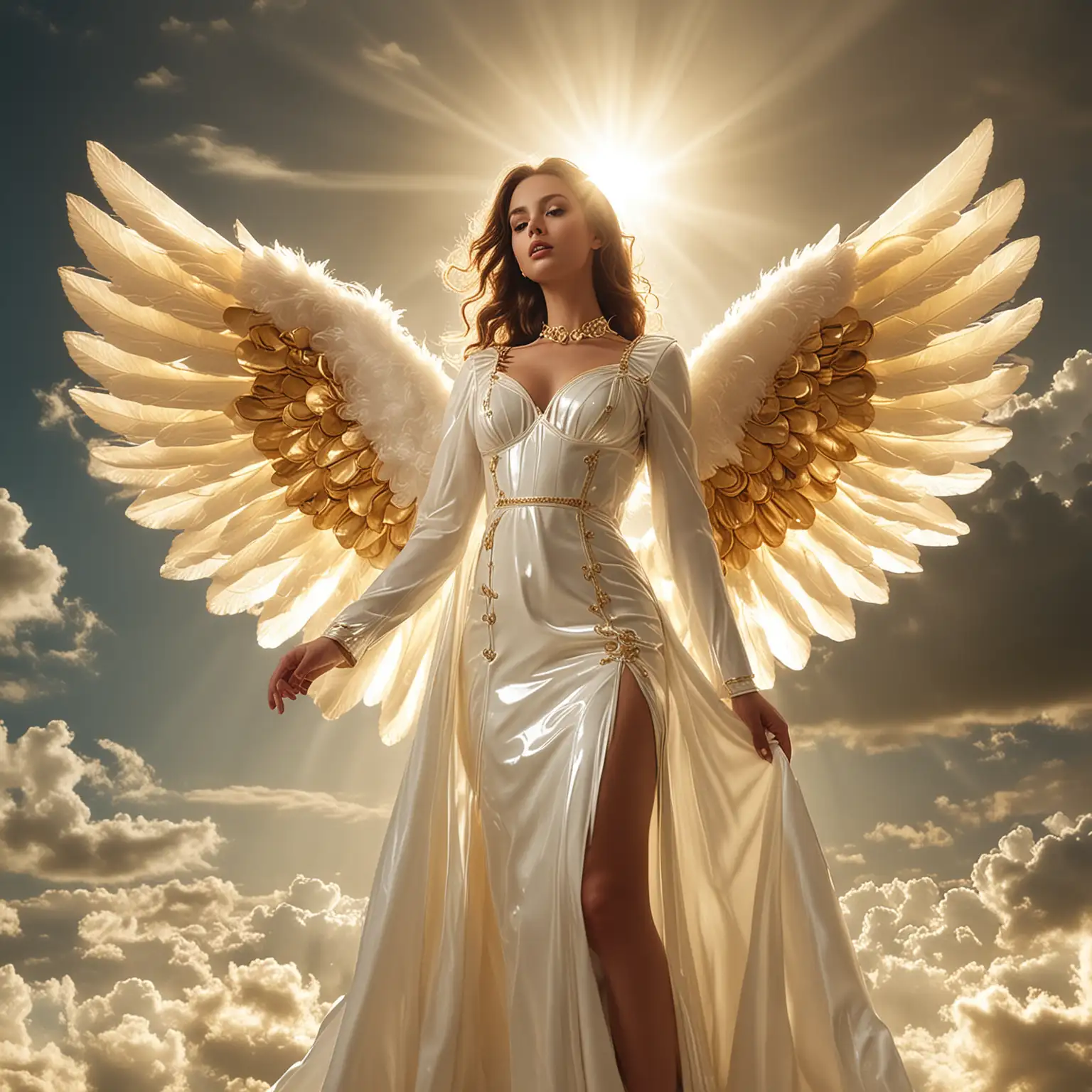 Himmlische Engel: Das Model trägt ein himmlisches Latexengelkleid in strahlendem Weiß mit goldenen Akzenten. Der Hintergrund ist eine wolkenverhangene Himmelsszene mit goldenem Sonnenlicht, das durch die Wolken bricht, und verbreitet eine friedliche und göttliche Stimmung.