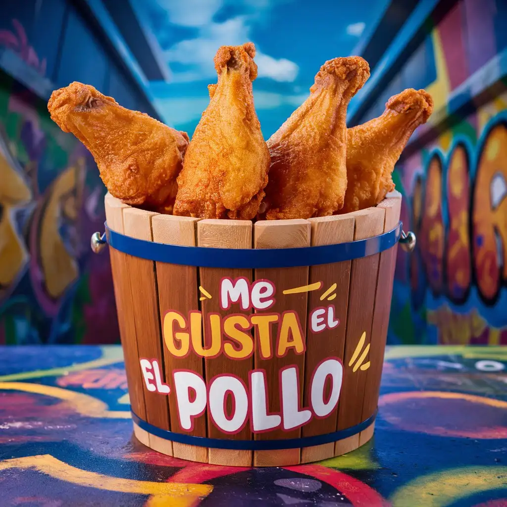ведро с жаренными куринными крылышками м надписью "me gusta el pollo"