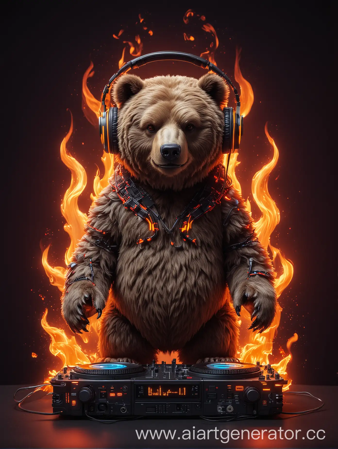Neon-Robotic-Bear-DJ-Spinning-Tunes-Amidst-Fiery-Glow