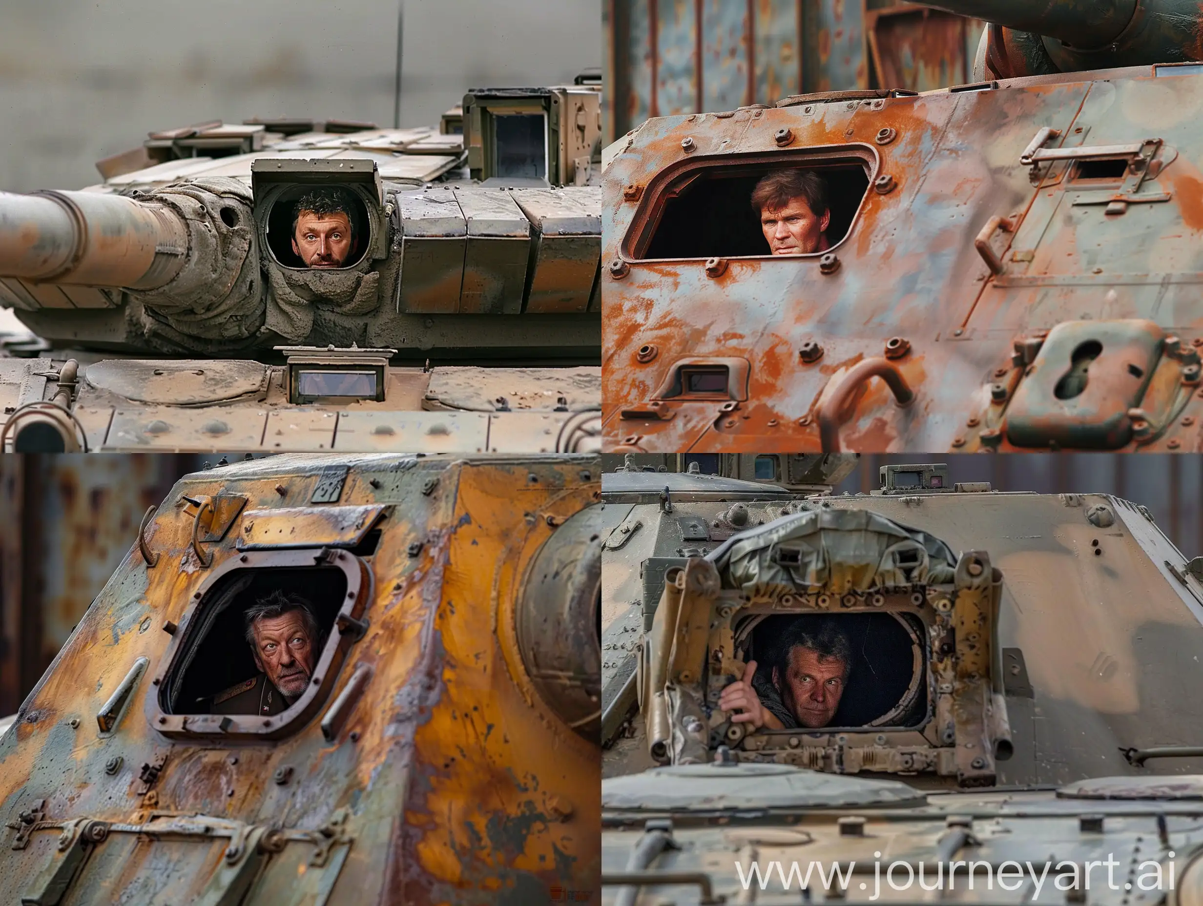 Generate a photo of a Soviet SU-152 tank with American  actor Billy Herrington peering out of the hatch.