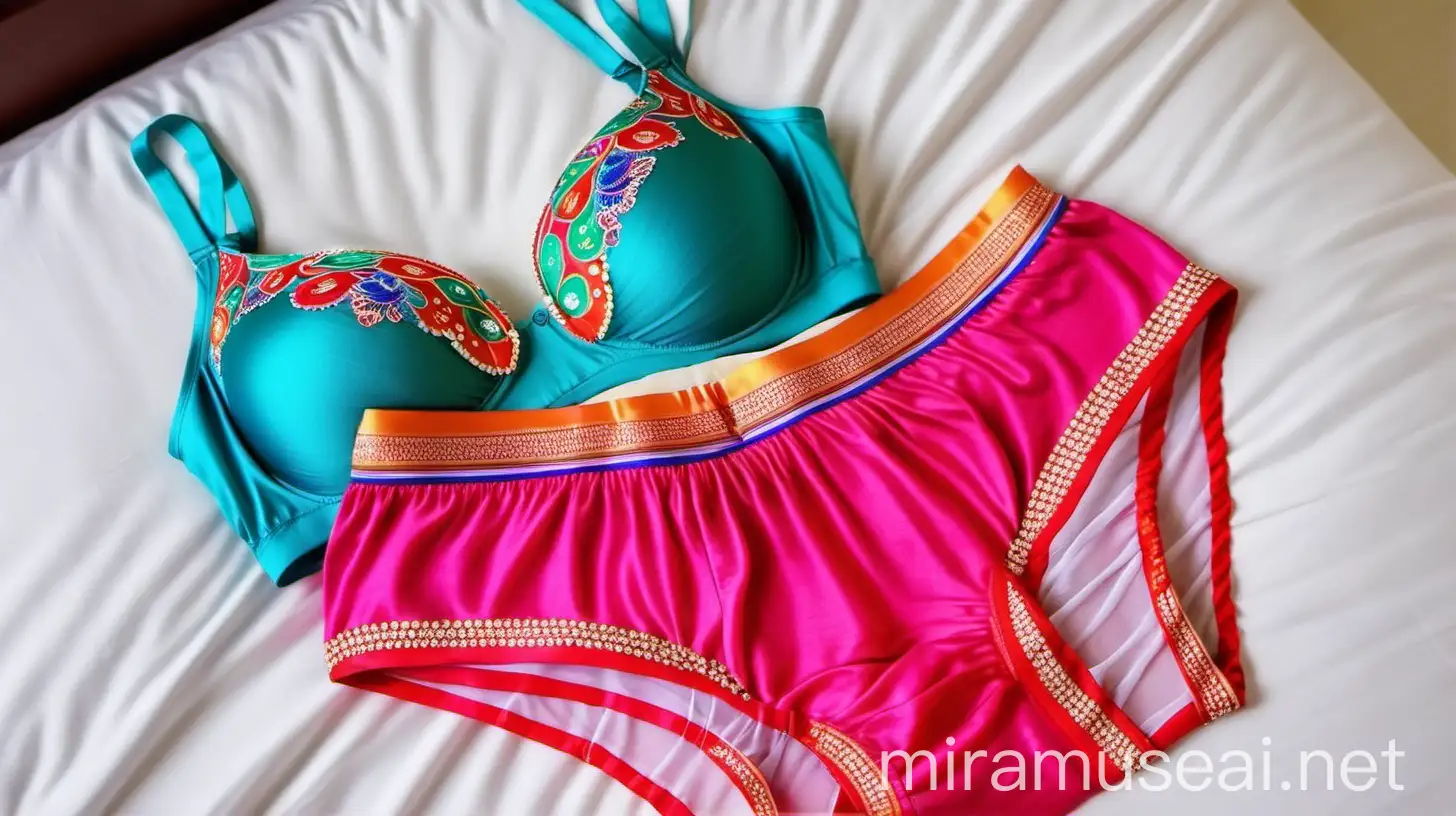 one indian bra, one indian desi panty, one imported  colourful  trunk on a white luxurious bed
