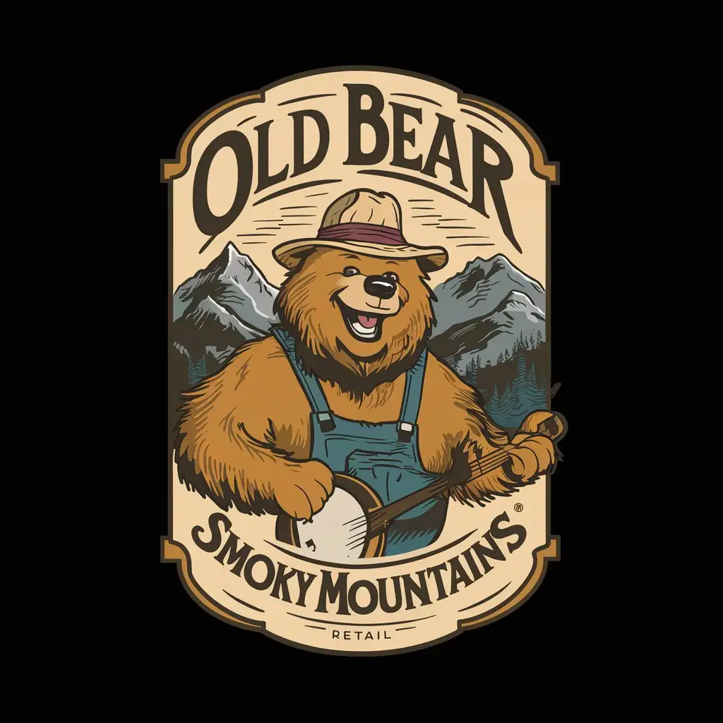 a logo design,with the text 'Old Bear Smoky Mountains', main symbol:Tall rectangle label with a smiling hairy bear wearing overalls and a straw hat, holding a banjo, with mountains in the background.,complex,be used in Retail industry,clear background