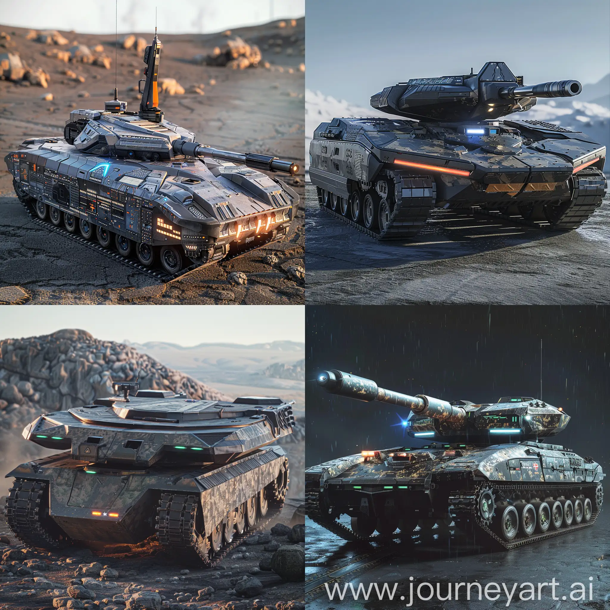 Futuristic tank, in futuristic style, Advanced Armor Materials, AI-Driven Combat Systems, Electric Propulsion Systems, Active Protection Systems (APS), Modular Internal Architecture, Advanced Sensors and Reconnaissance, Integrated Cyber Defense Systems, Crew Augmentation Systems, Energy Weapons, Environmental Control and Sustainability Systems, Adaptive Camouflage, Modular Weapon Systems, Active Defense Shields, Enhanced Mobility Systems, Autonomous Drone Integration, Stealth Technology, Energy Harvesting Surfaces, External Communication and Sensor Arrays, Automated Repair Systems, Amphibious Capability, 2050, unreal engine 5 --stylize 1000