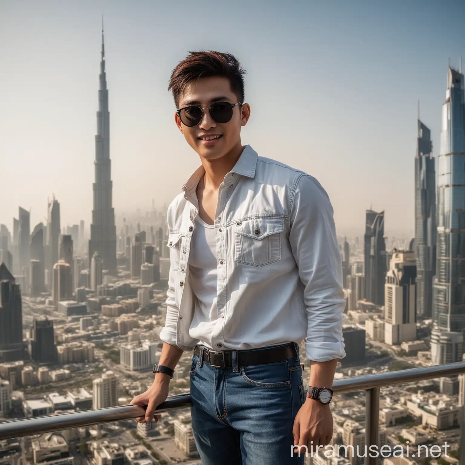 Charming Korean Man in Modern Outfit at Burj Khalifah City View