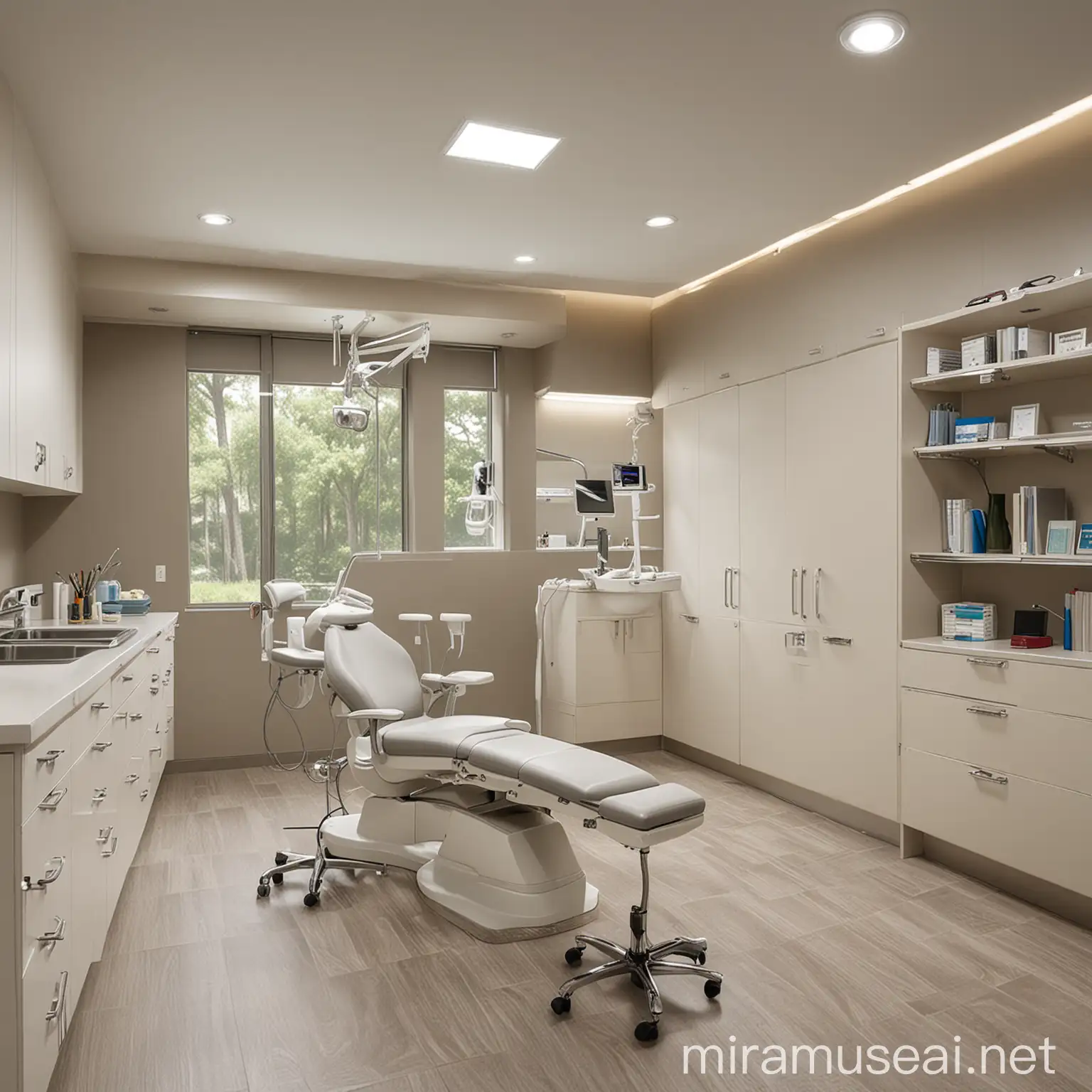 Create an efficient and modern dental doctor cabin within a compact 150 sqft space. Prioritize functionality and ergonomic design to maximize productivity and comfort for the practitioner. Select sleek and space-saving dental chairs and equipment with streamlined profiles to optimize use of space. Utilize innovative storage solutions such as built-in cabinets and wall-mounted shelving to minimize clutter and maintain an organized workspace. Integrate advanced technology like digital imaging systems and computer-aided design tools seamlessly into the cabin design to enhance diagnostic capabilities and treatment planning. Ensure adequate task lighting and adjustable fixtures to provide optimal illumination for procedures. Incorporate smart features for equipment control and patient communication to streamline workflows and improve patient experience. Despite the limited space, maintain a modern aesthetic with clean lines, neutral color palette, and contemporary finishes to create a professional and inviting atmosphere.