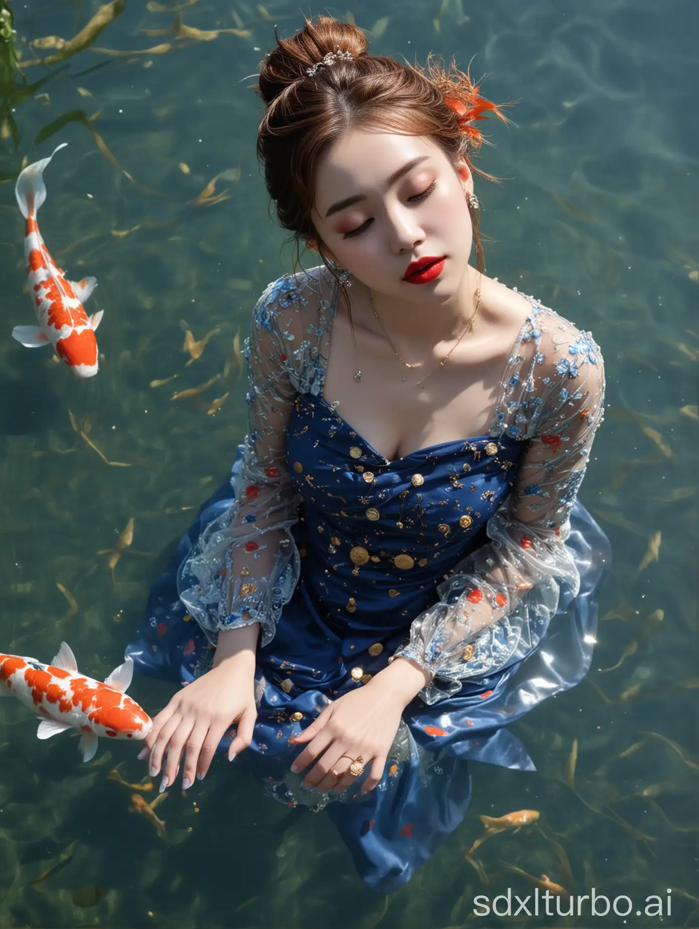 xuer Clear water,1girl,fish,closed eyes,water,jewelry,earrings,solo,red lips,koi,partially submerged,blue dress,reflection,hair bun,brown hair,afloat,short hair,single hair bun,china dress,parted lips,long sleeves,lips,full body,
﻿