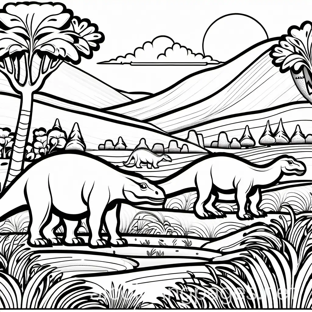 A group of Iguanodon gathering around a lush meadow, their thumbs spikes shining for my coloring page, Coloring Page, black and white, line art, white background, Simplicity, Ample White Space. The background of the coloring page is plain white to make it easy for young children to color within the lines. The outlines of all the subjects are easy to distinguish, making it simple for kids to color without too much difficulty