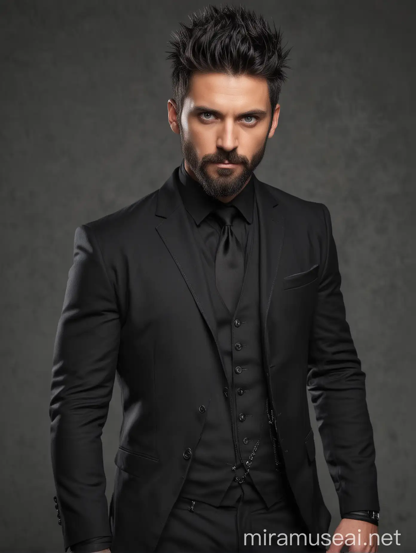 Strong Handsome Man in Black Suit with Spiky Hair and Clear Eyes