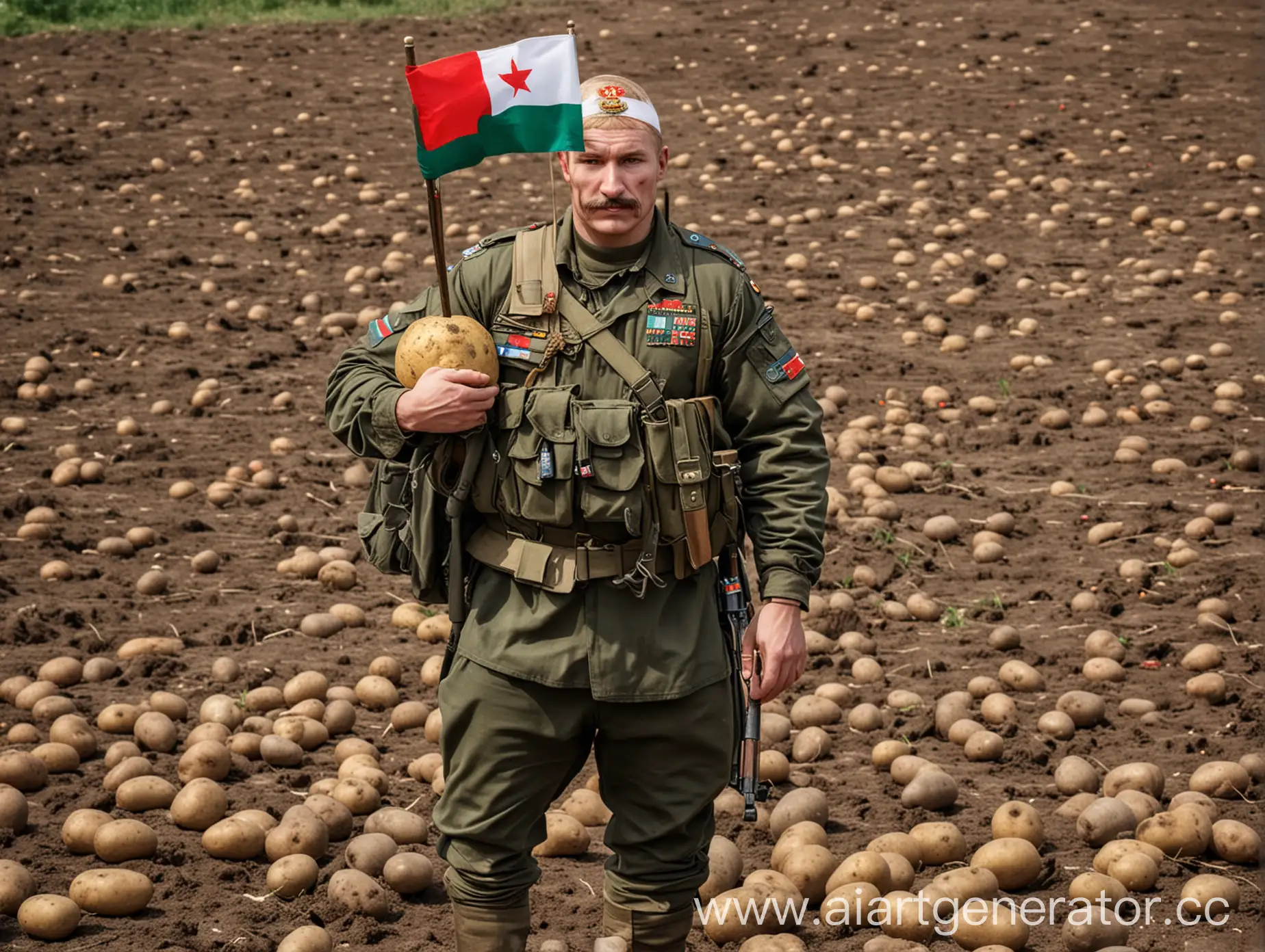 Muscular potato, military uniform, guns in the hands of potatoes, headband with flags of Russia and Belarus, ZV SVO, WAR, potato at war, potato rambo