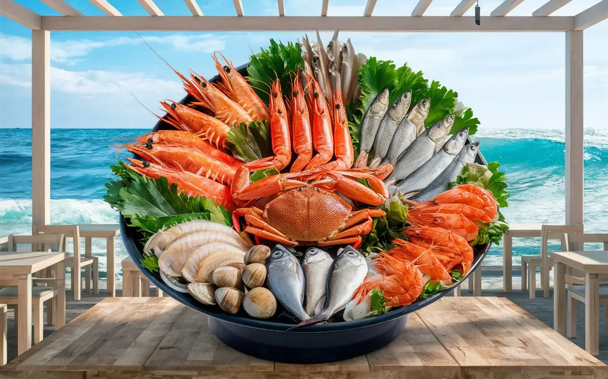 A bountiful Vietnamese seafood platter at an open-air seaside restaurant, photographed in a marine style with bright natural light, a frontal shot, and an expansive composition, showcasing the freshness of the seafood and the vastness of the ocean.