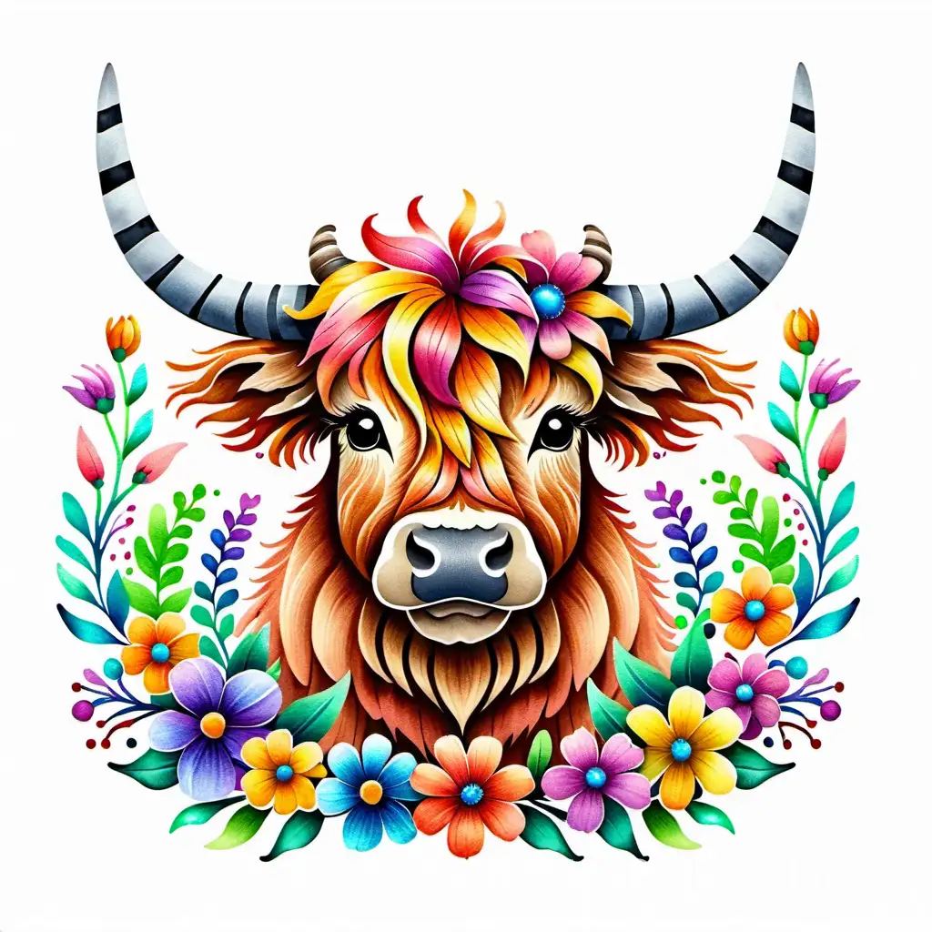 Whimsical highland cow illustration adorned with vibrant watercolor florals isolated on a white background, capturing the essence of springtime joy, artful graphic design, vibrant colors, joyful composition, Coloring Page, black and white, line art, white background, Simplicity, Ample White Space. IN GREYSCALE, Coloring Page, black and white, line art, white background, Simplicity, Ample White Space. The background of the coloring page is plain white to make it easy for young children to color within the lines. The outlines of all the subjects are easy to distinguish, making it simple for kids to color without too much difficulty