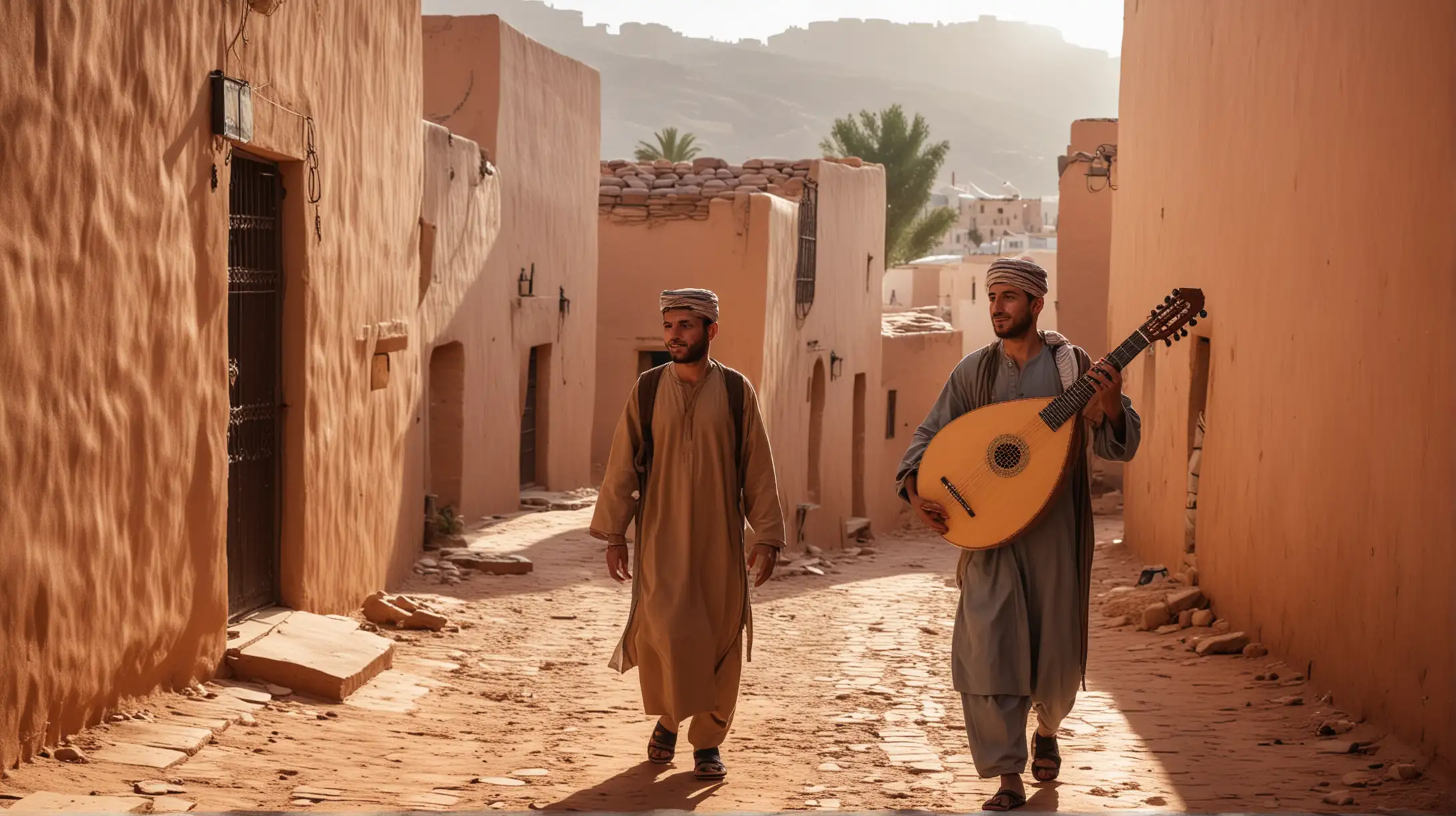 A Moroccan musician carrying his Arabic lute on his shoulders, facing the camera, leaves his home while his family waves him goodbye outside the village walls, panoramic view, morning light