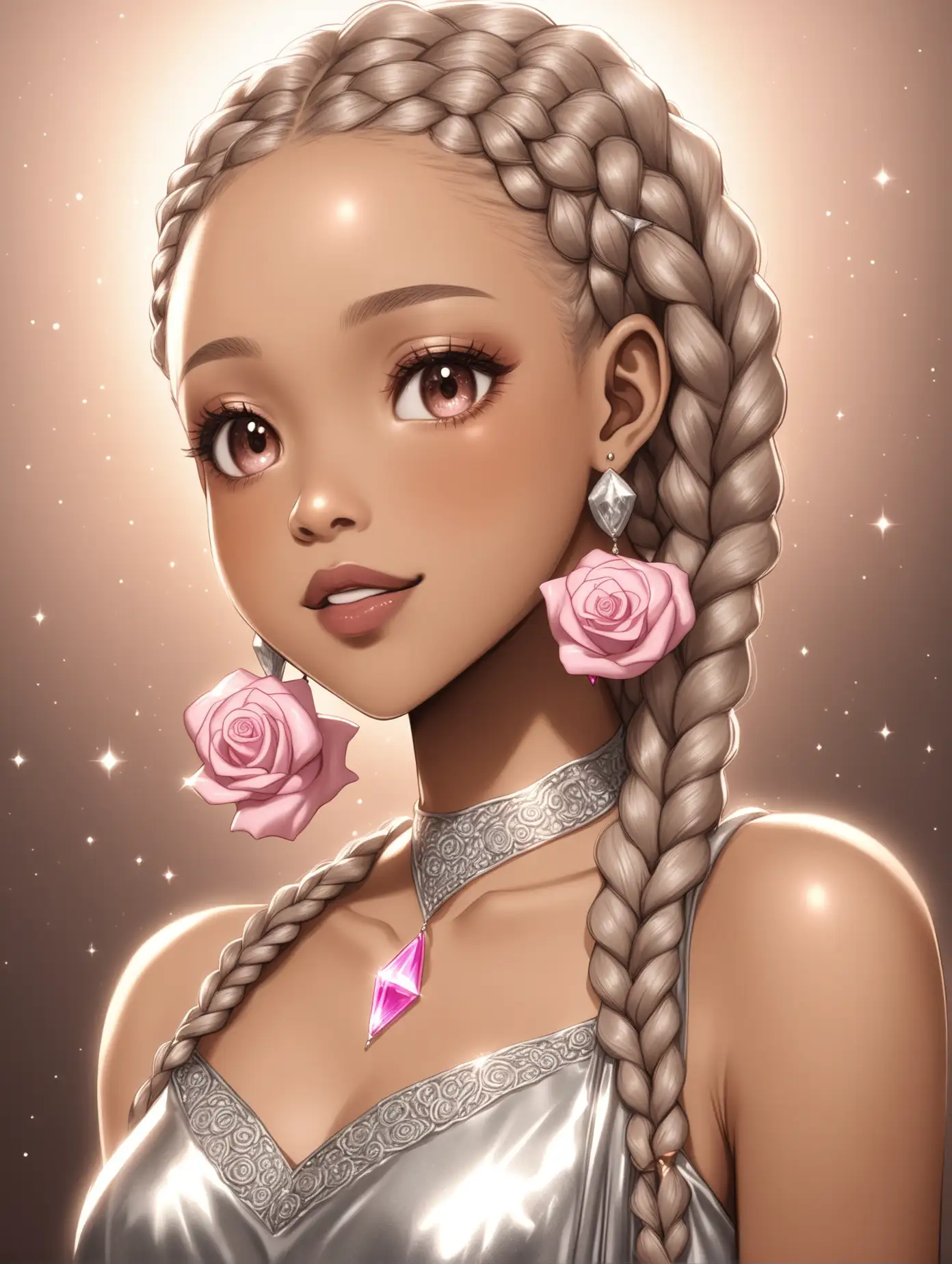an optimistic buatiful brown light skin women with a silver dress on with boxbraids with hairrings and also has rose shaped pink earrings on her ears