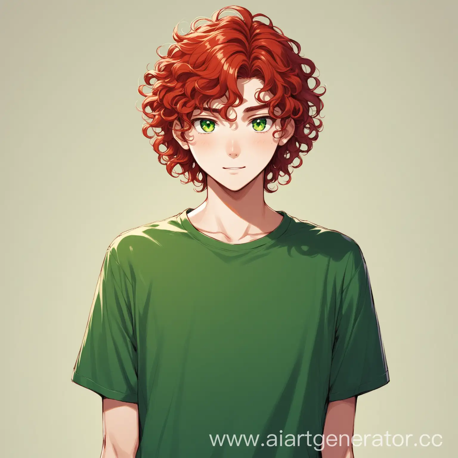 высокий молодой парень подросток, рыжие густые и пышные волосы средней длинны, зелёные глаза