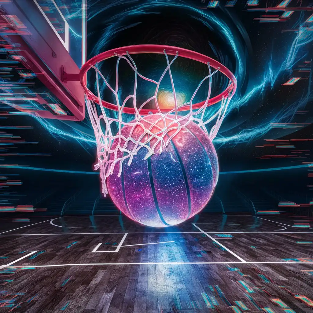A Cool neon basketball entering the hoop, the hoop being a cosmic ring, on a glitched basketball court, super realistic and cool, very detailed image 