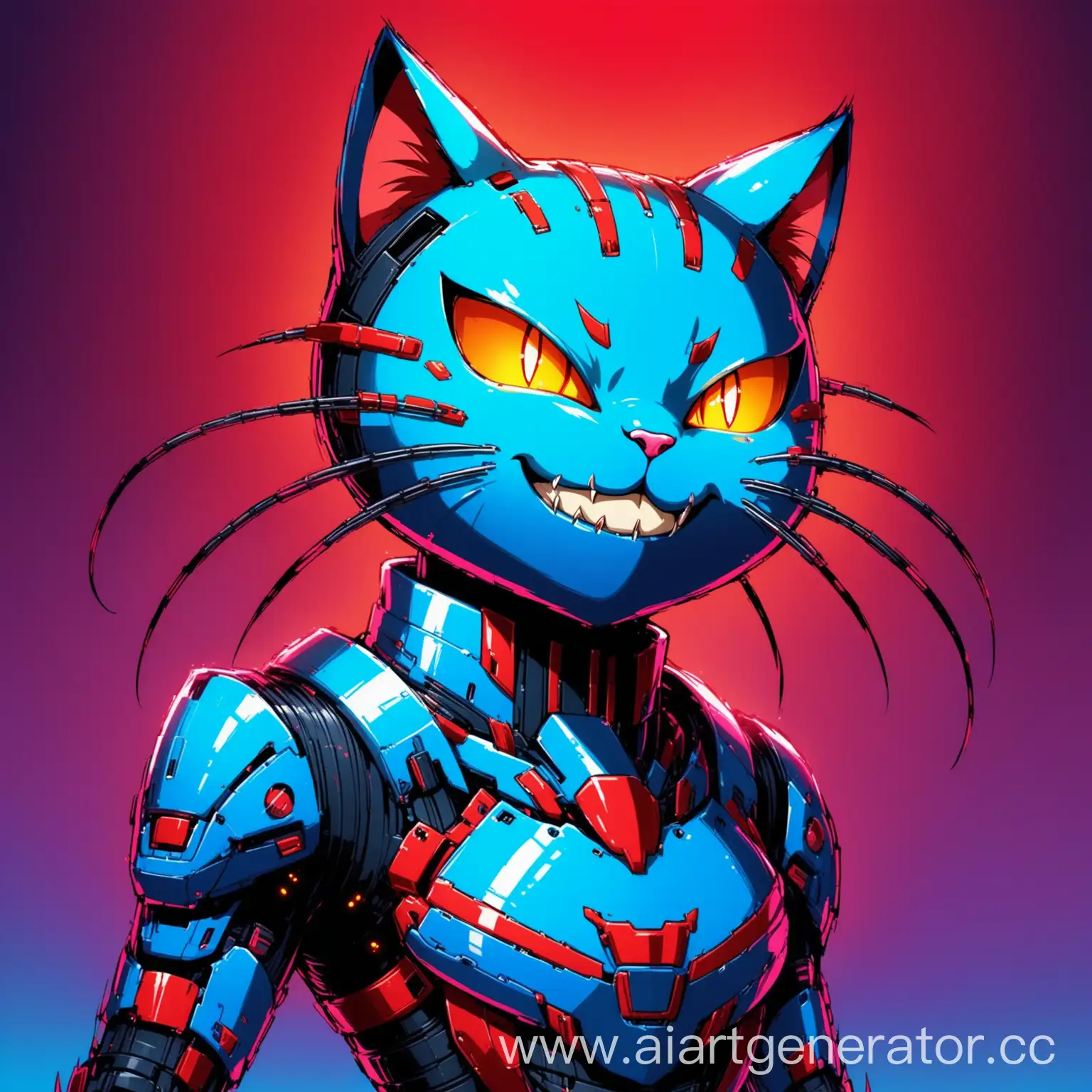 Кибер кот в синем и красном цвете с злобной улыбкой
