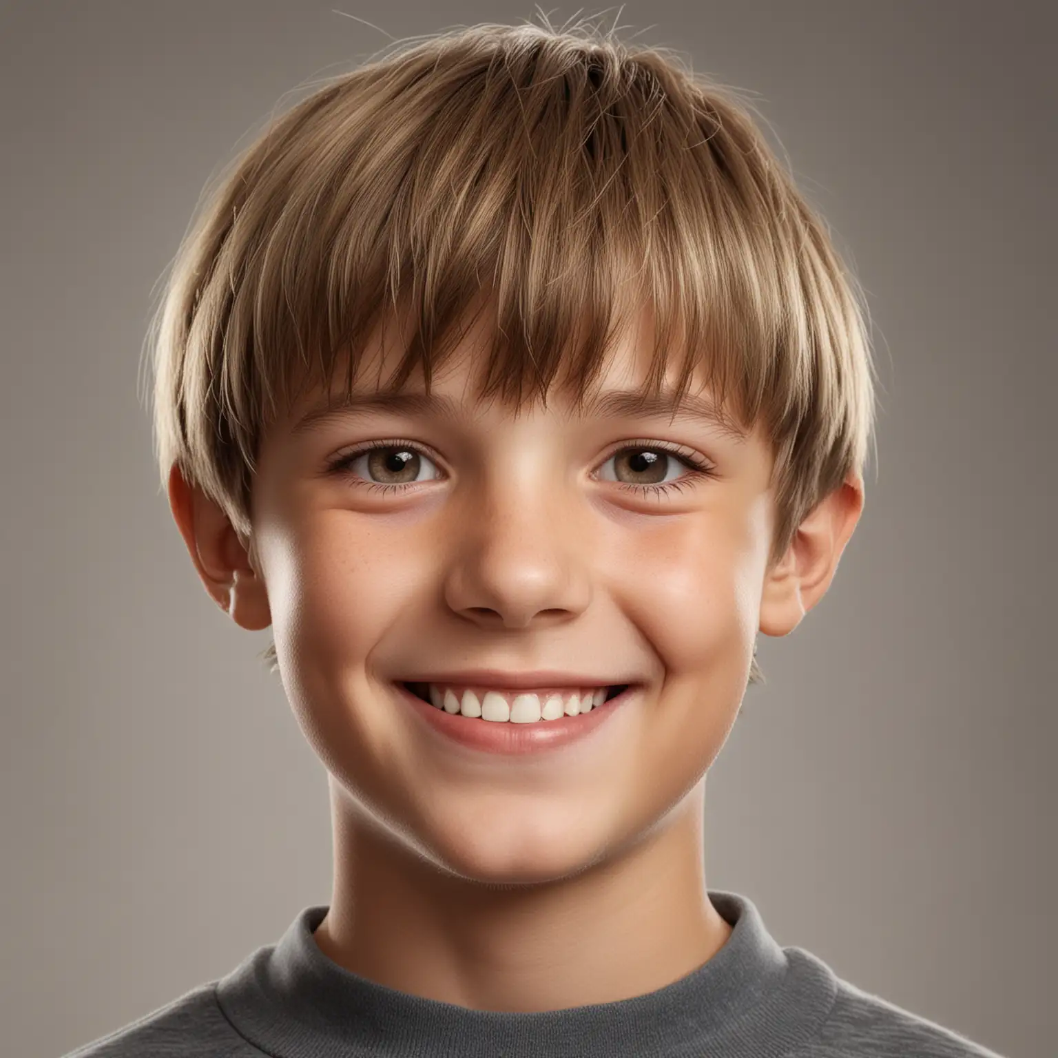 Hyper realistic photo of Happy thirteen year old boy with soft, shiny  hair,  neatly combed  bowl cut,  light overhead,  headshot, side of face turned toward camera