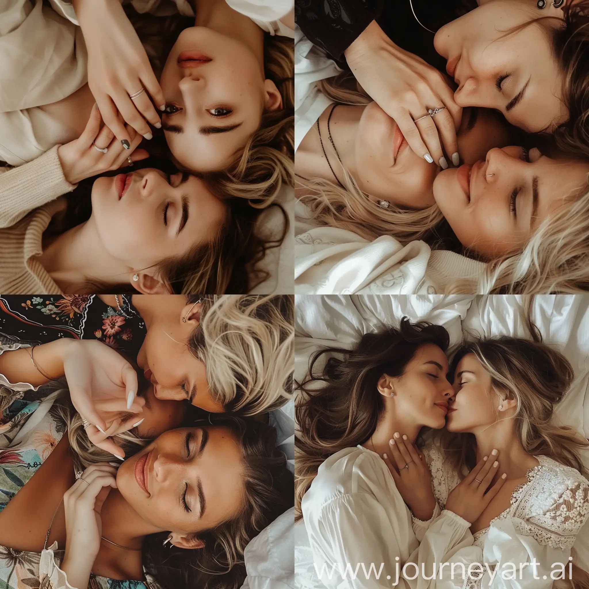 Aesthetic instagram selfie of a female couple, average looking, lying down, romantic, adorable, young, kissing cheek, hands on face, rings, white gel nail polish, seductive, passion, looking into each others eyes