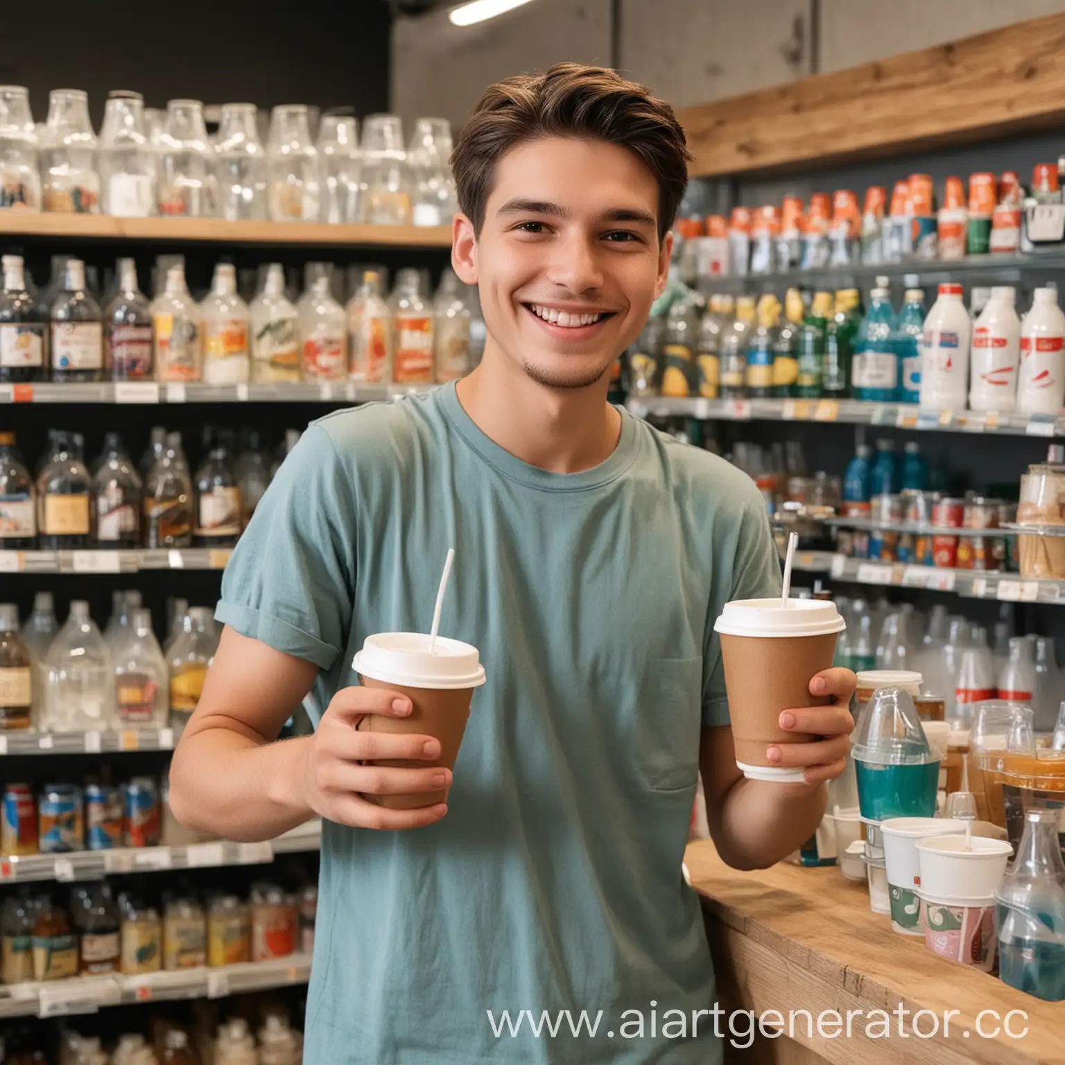 молодой человек продает напитки в магазине улыбается и держит в руках одноразовый стакан
