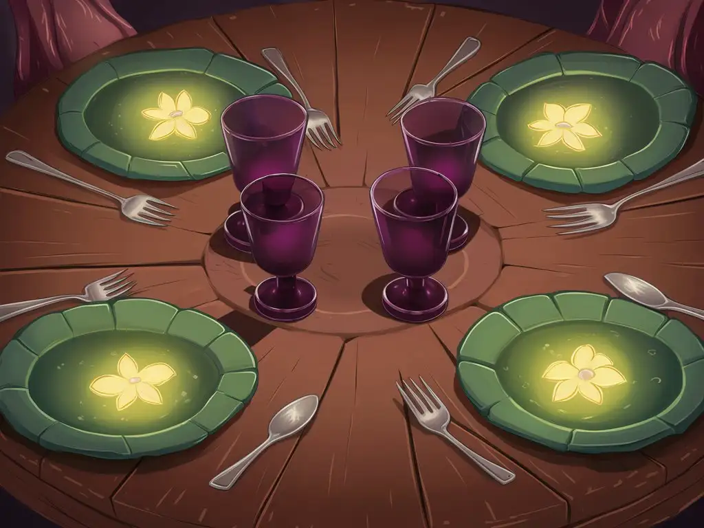 Круглый коричневый стол. На столе четыре зелёные плоские тарелки и четыре фиолетовых стакана.