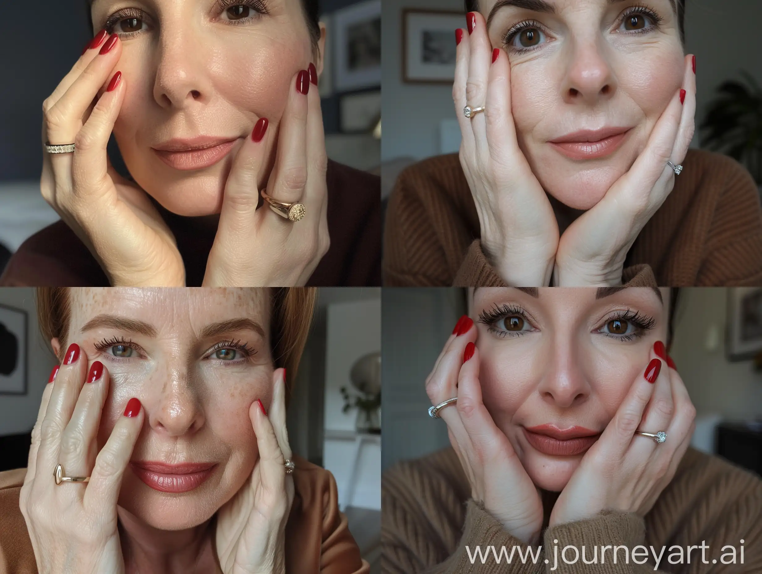Aesthetic instagram selfie of a mother in her mid 30's, hands resting on face, wedding ring, red gel nail polish, British, matte brown makeup, lipstick, London flat, motherly face in selfie, close up of face selfie
