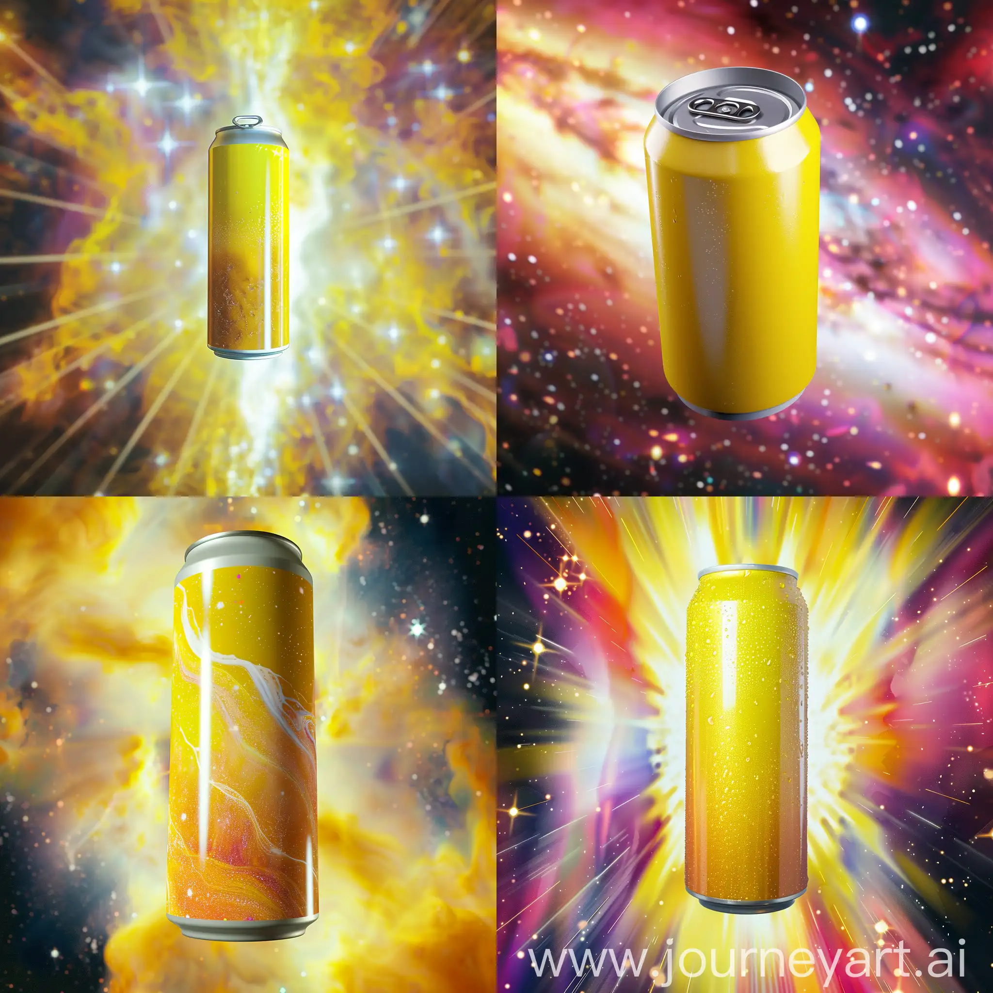 Une canette de boisson énergisante jaune dans un espace lumineux et énergique suspendu dans l'espace