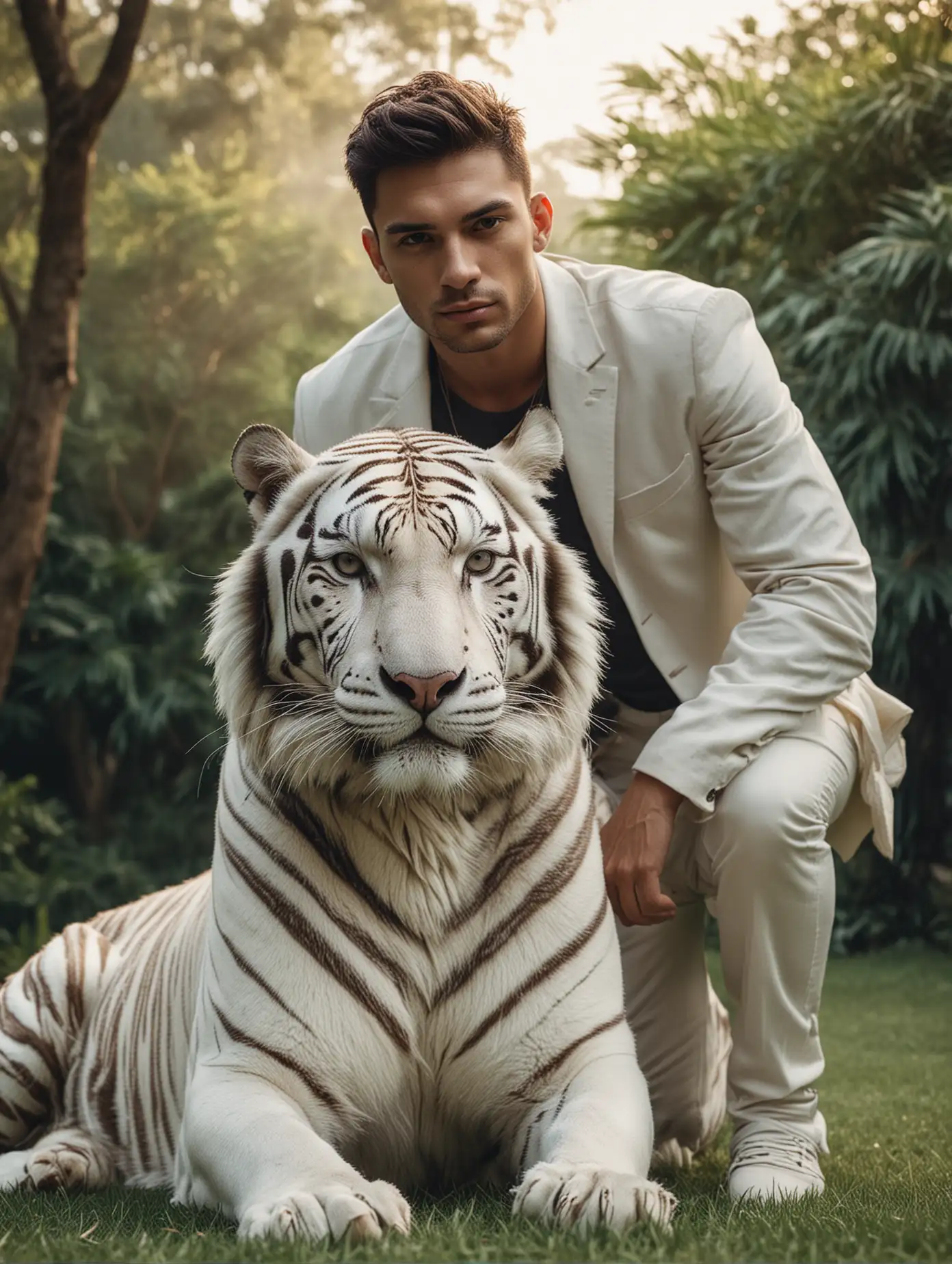Photo of brazilian handsome guy posing with his pet white tiger on outdoor lawn, soft light style, cinematic style, portrait photo in surreal style, high resolution, natural color grading, no contrast, clean and clear focus.