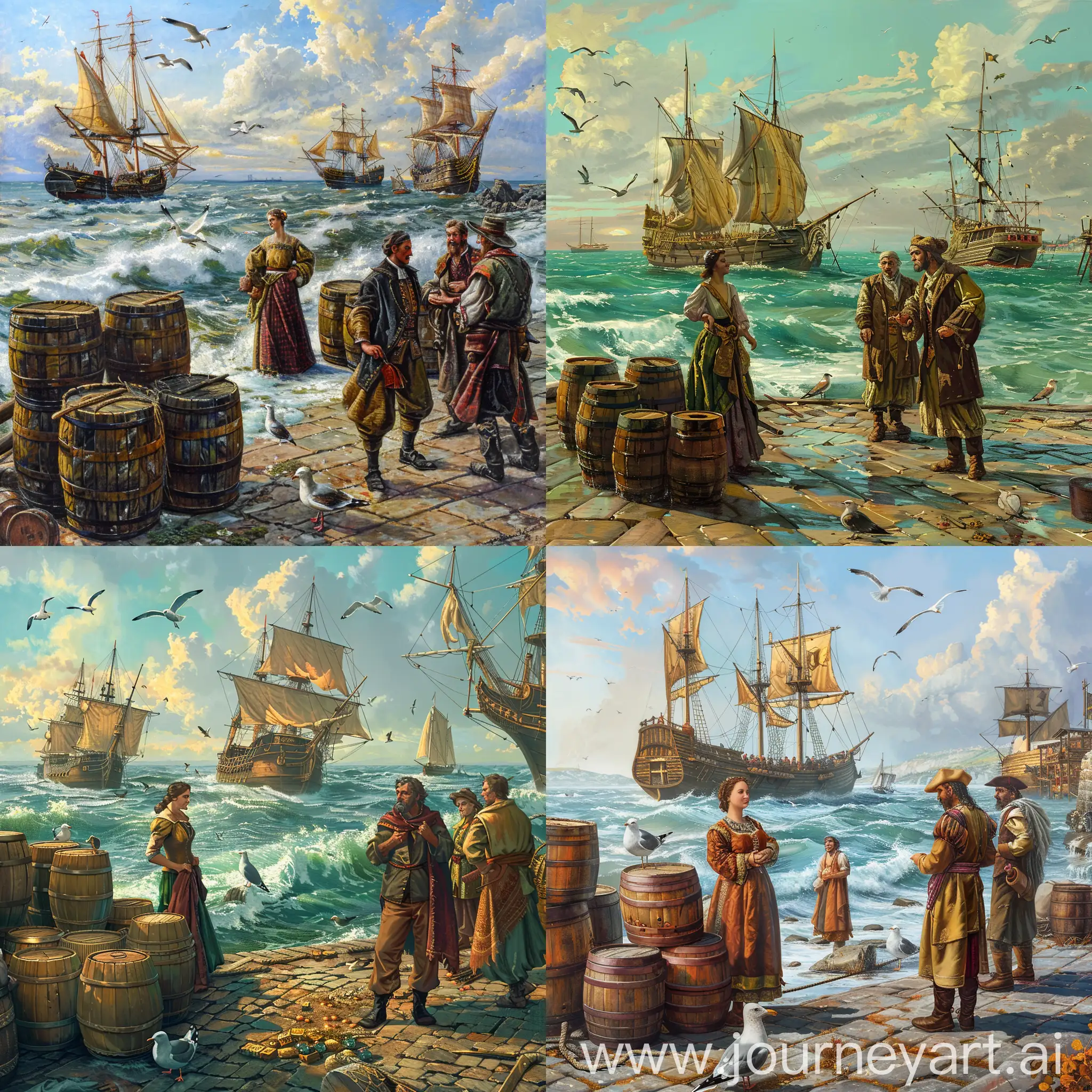 Seaport-Scene-with-Wooden-Ships-Seagulls-and-Merchants