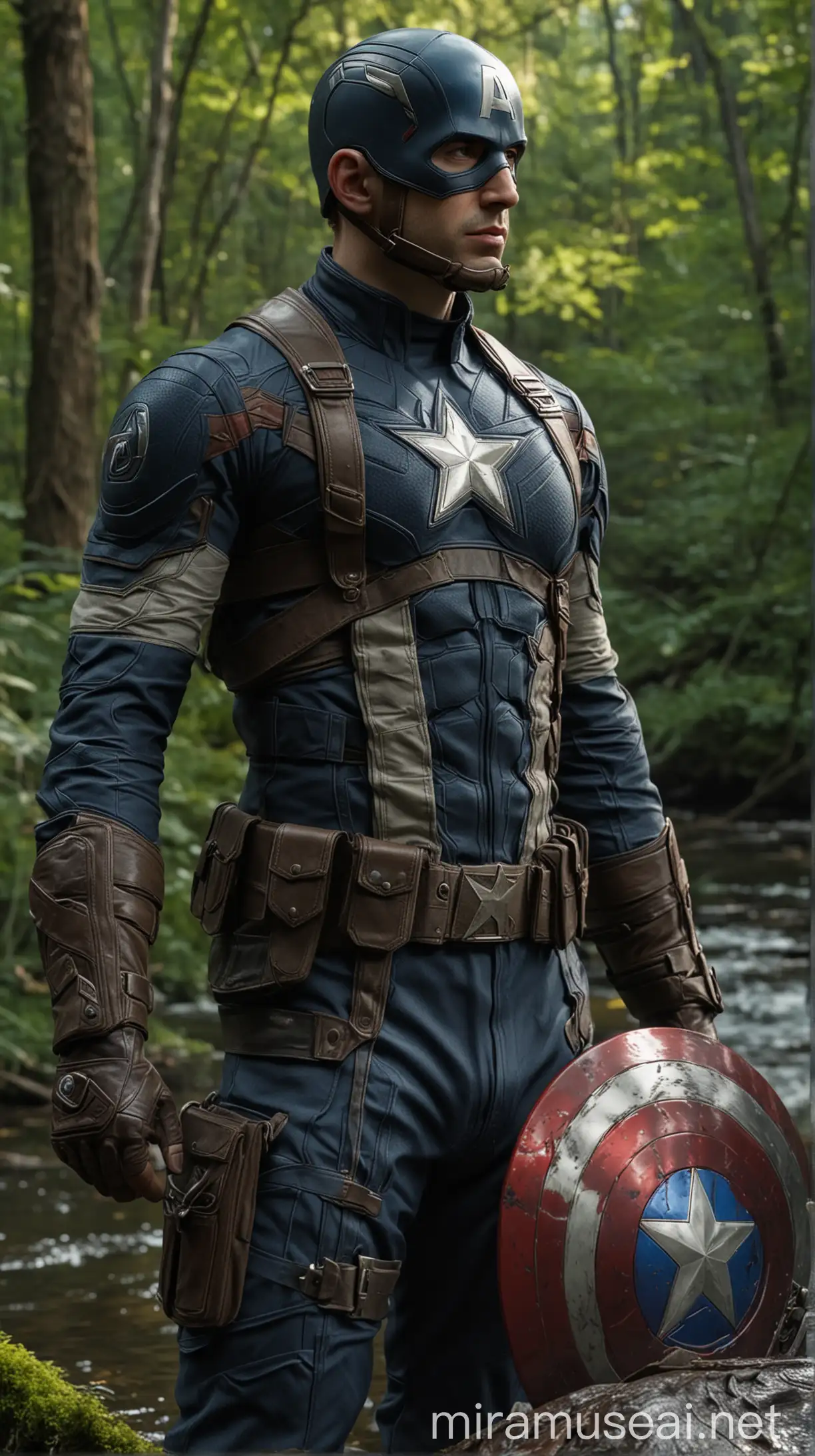Captain America di hutan dan sungai (Marvel), setelan sangat detail, sangat detail, 16k, uhd.