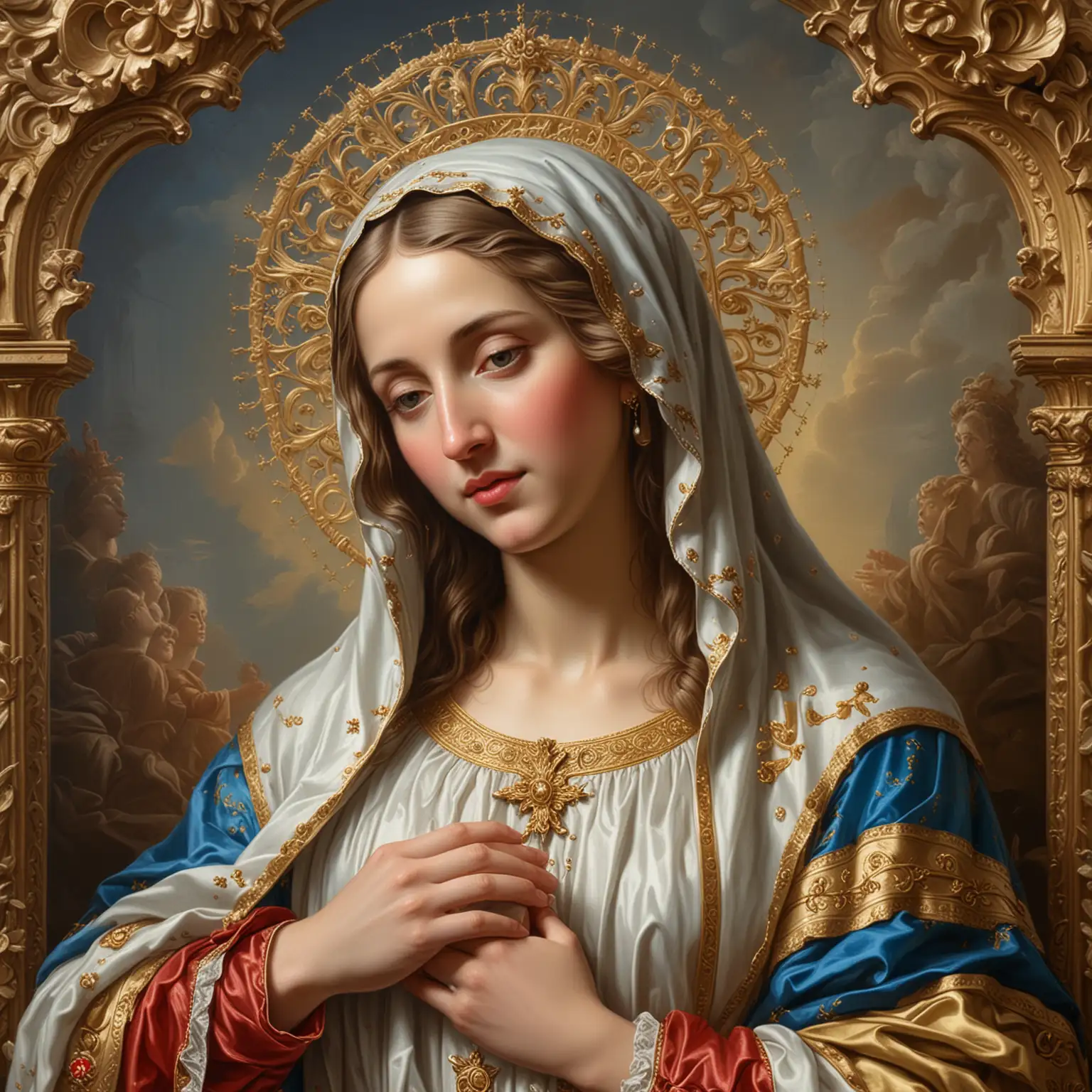 Rococo style painting of Virgin Mary, mother of Jesus, (masterpiece, best quality, ultra-detailed, best shadow) , detailed background, medieval portrait, oil painting style, oil painting, looking at viewer.