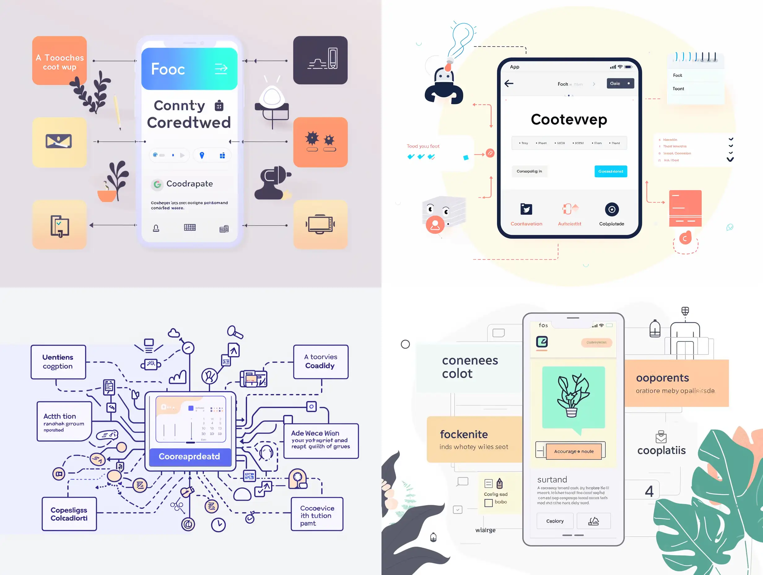 Diagram-like illustration that shows a new way to write: Focus:  A clean, efficient environment for content creation. Context: Gather your notes in one place – tone of voice, product facts, guidelines. Co-creation: Collaborate with your team and with the app itself. The AI will also use your notes for instructions and autocomplete.