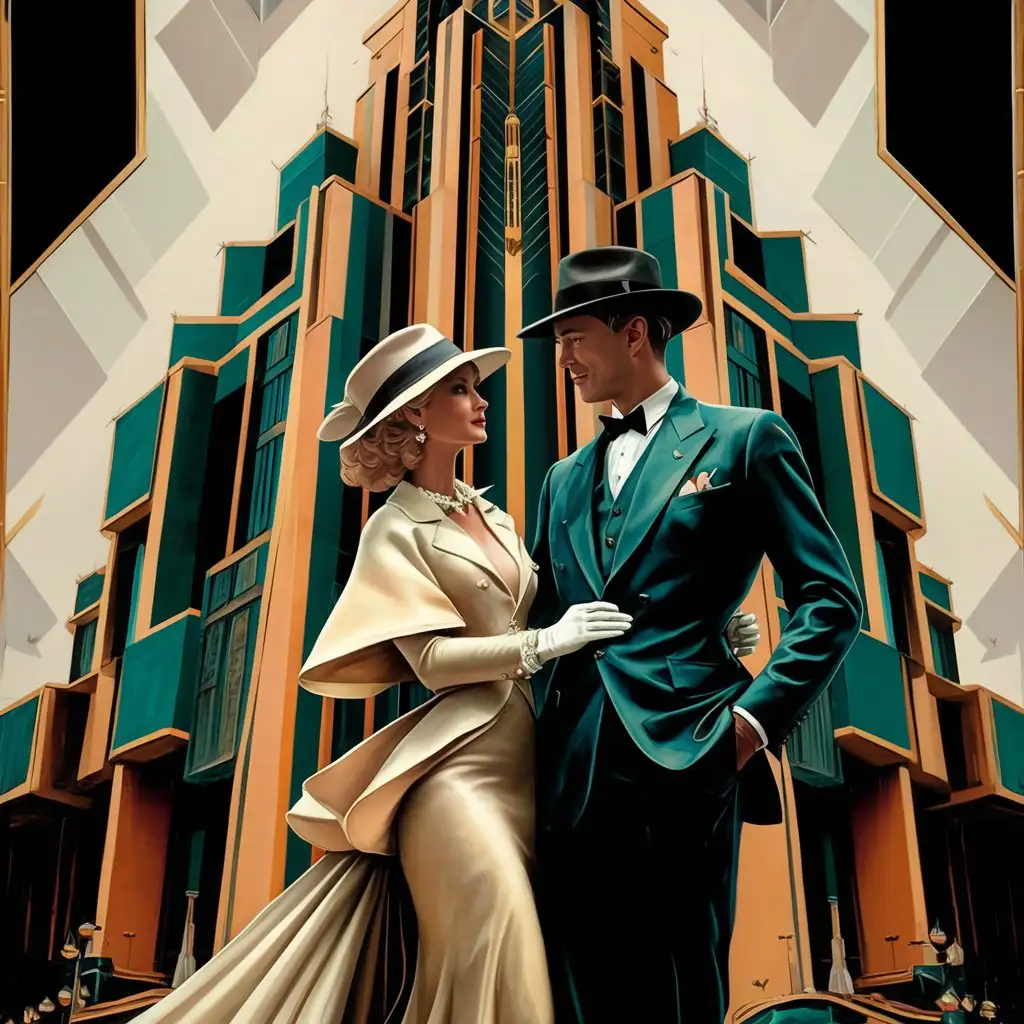 art deco architecture man and woman dressed formal in front of building painting