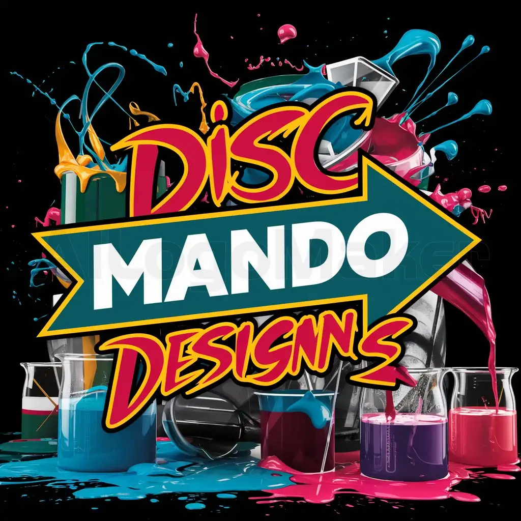 a logo design,with the text 'disc designs', main symbol:A wide block arrow with text saying 'MANDO', rich, Bright colors, edgy cool graffiti style text and artwork, beakers of paint, Paint cups, spilled and splashed paint, paint drops flying, messy but creative. Dark background.,complex,clear background