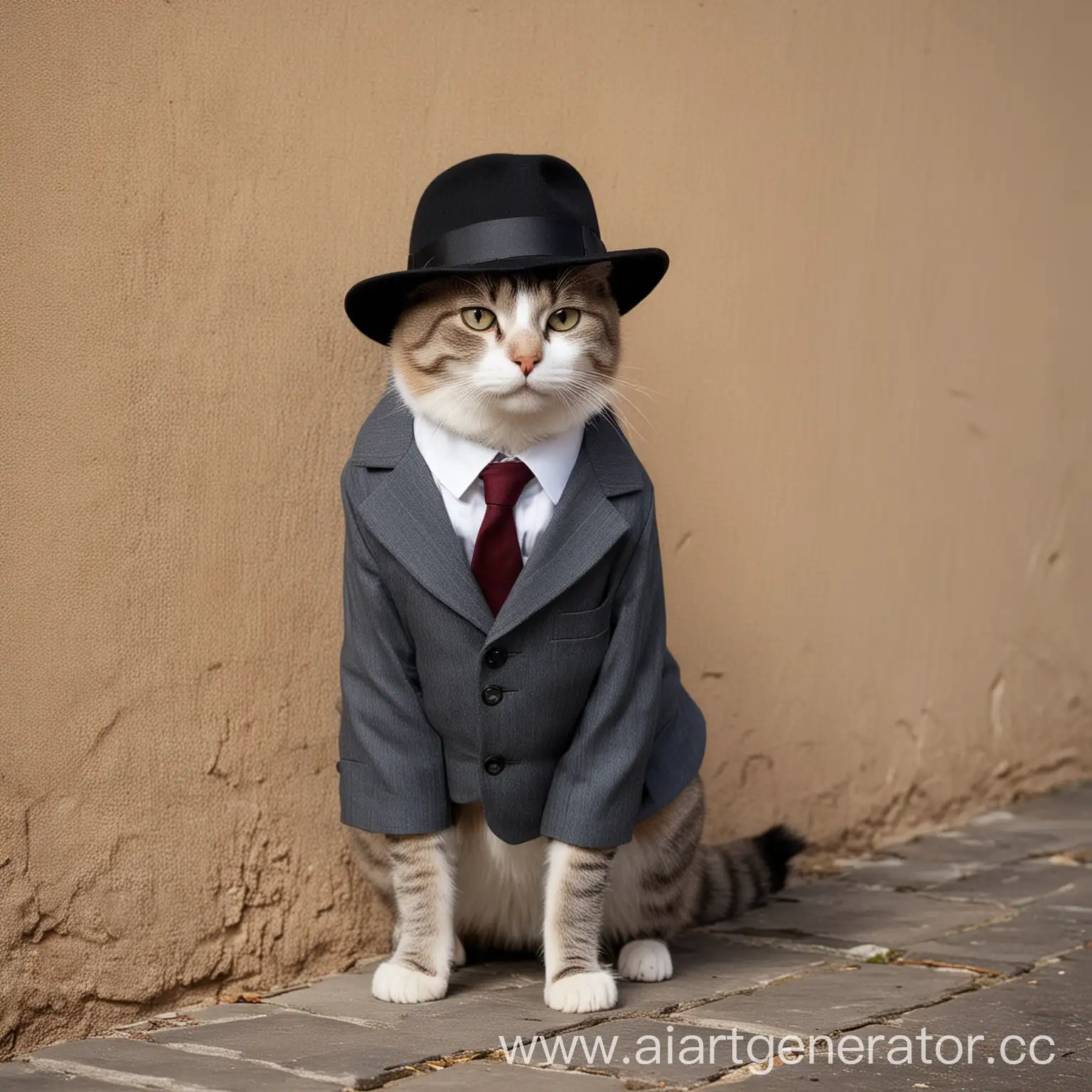 Sleuthing-Feline-Cat-Detective-in-Hat-and-Suit-Leaning-Against-Wall