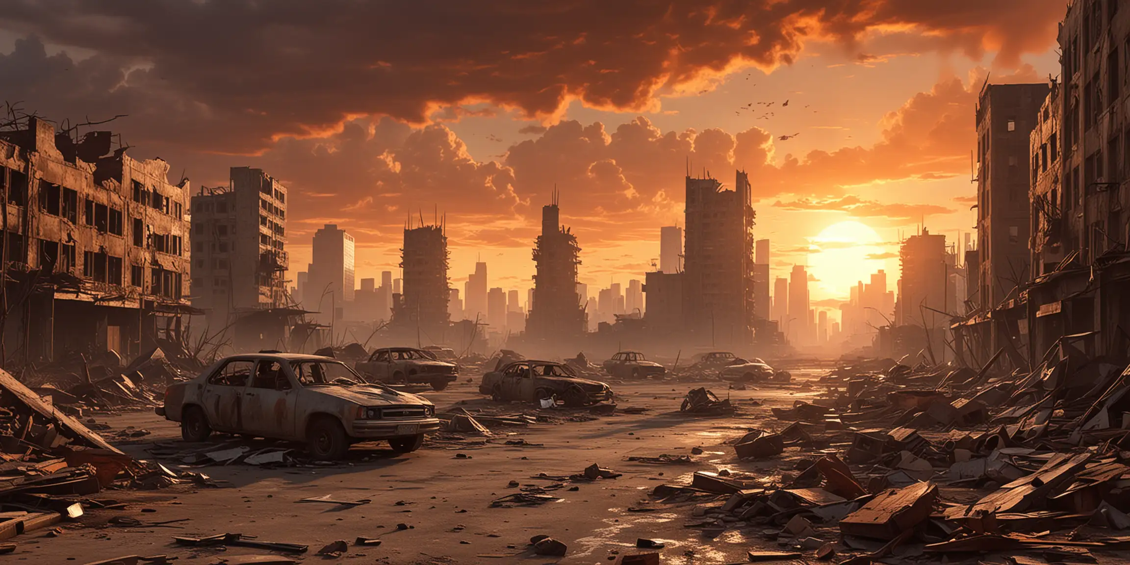 Desolate PostApocalyptic Cityscape at Sunset