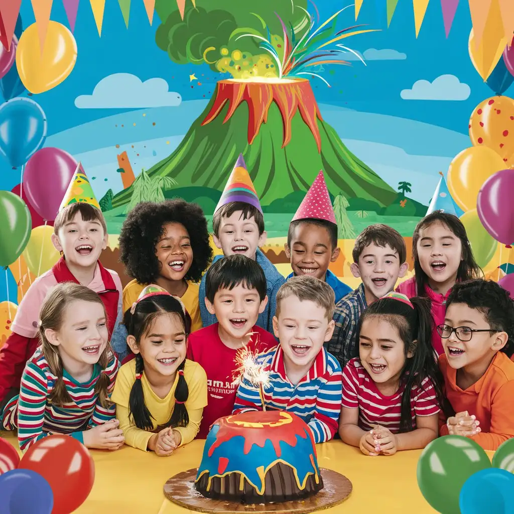 Volcano-themed children's birthday scene, with foreign kids celebrating their birthday and laughing heartily, green setting